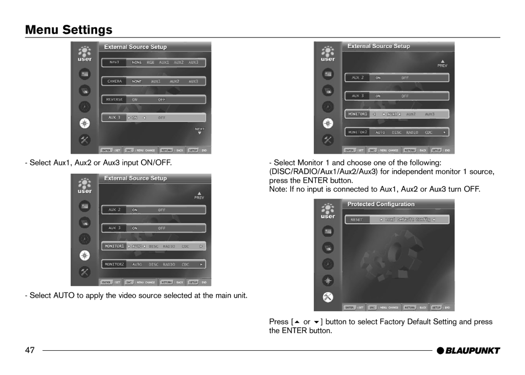 Blaupunkt IVDM-7002 manual Menu Settings 