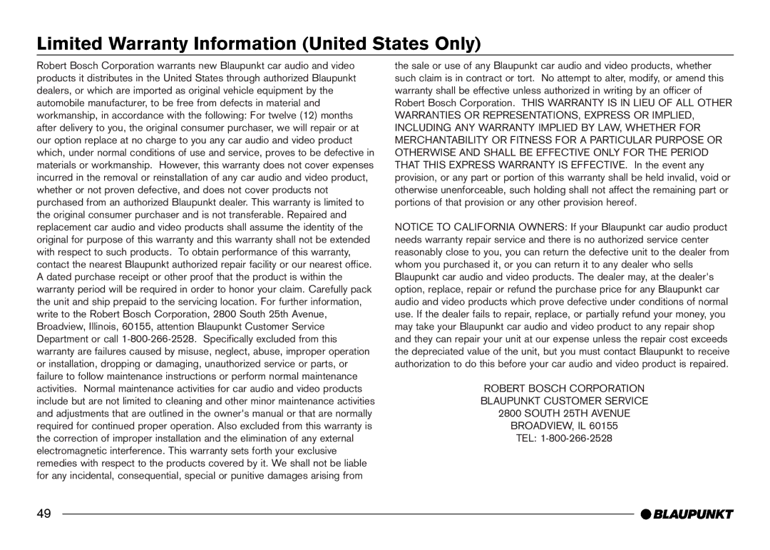 Blaupunkt IVDM-7002 manual Limited Warranty Information United States Only 