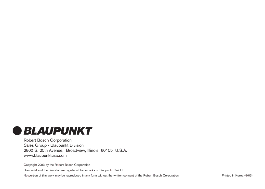 Blaupunkt IVDM-7002 manual Robert Bosch Corporation Sales Group Blaupunkt Division 