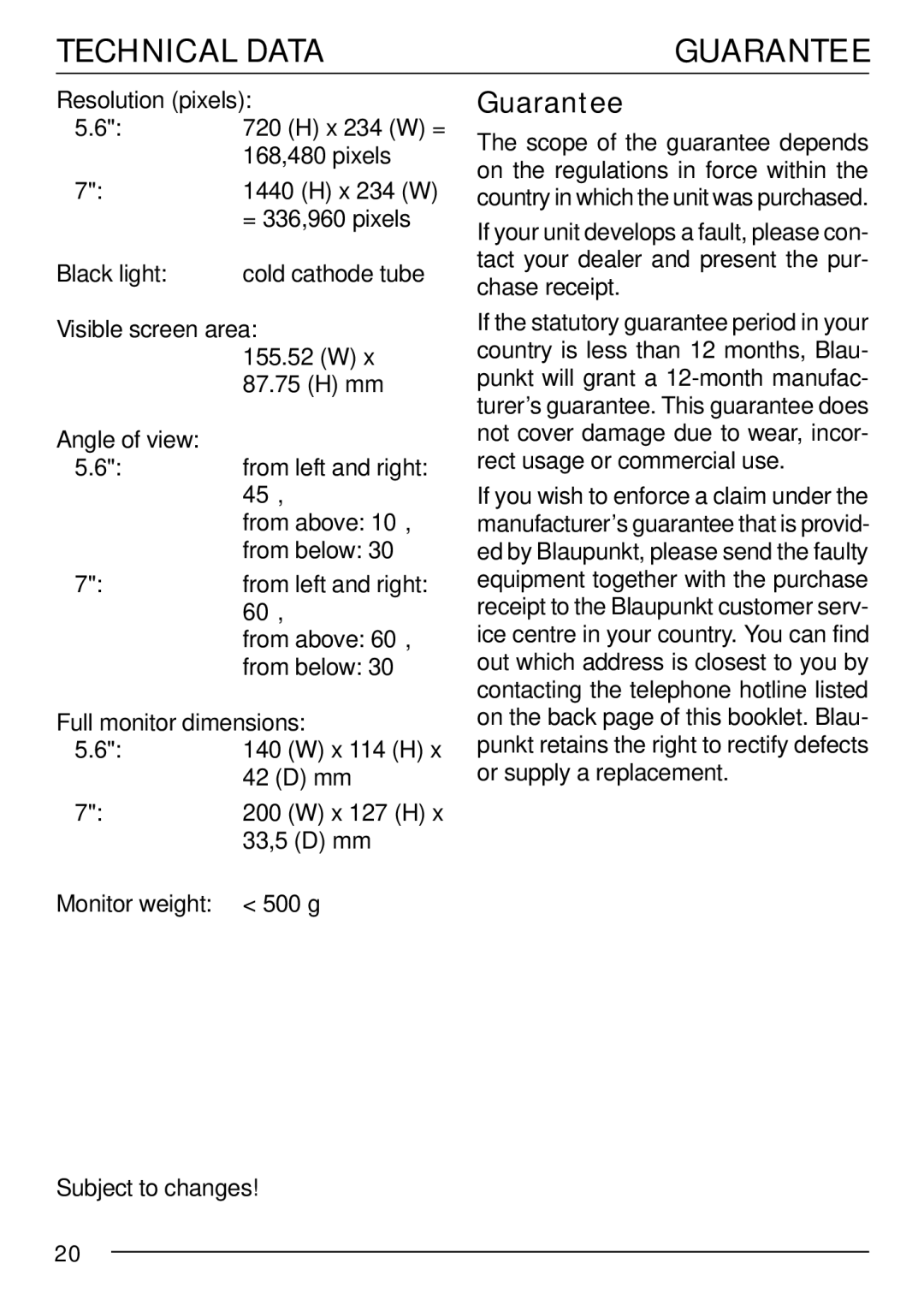 Blaupunkt IVMS-7001, IVMS-5601 installation instructions Technical Data, Guarantee 