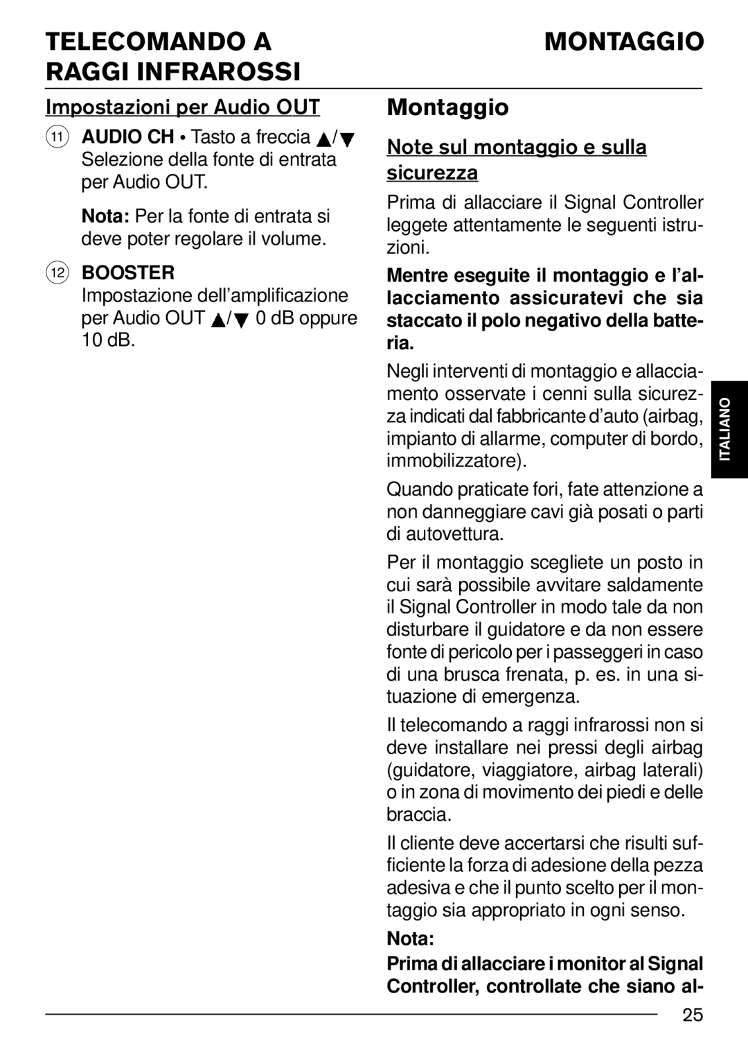 Blaupunkt IVSC-3302 installation instructions Telecomando a Montaggio Raggi Infrarossi, Impostazioni per Audio OUT, Nota 