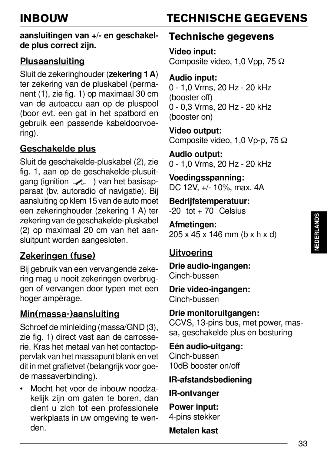 Blaupunkt IVSC-3302 installation instructions Inbouw, Technische Gegevens, Technische gegevens 