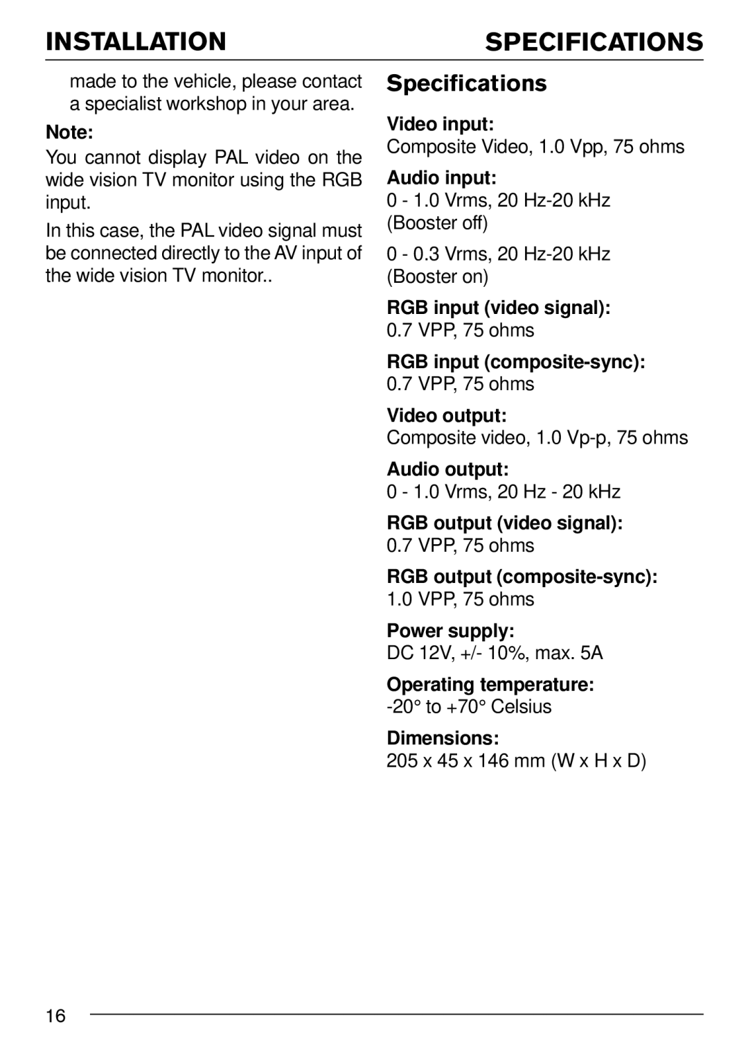 Blaupunkt IVSC-5502 installation instructions Installation Specifications 