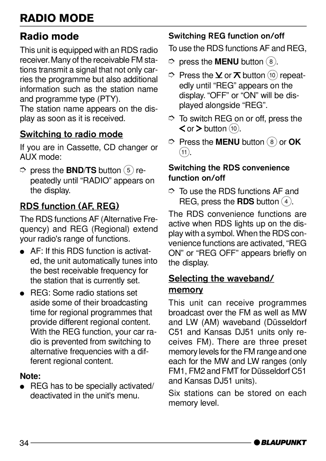 Blaupunkt Kansas DJ51, Hawaii DJ51, Maryland DJ51 Radio Mode, Radio mode, Switching to radio mode, RDS function AF, REG 