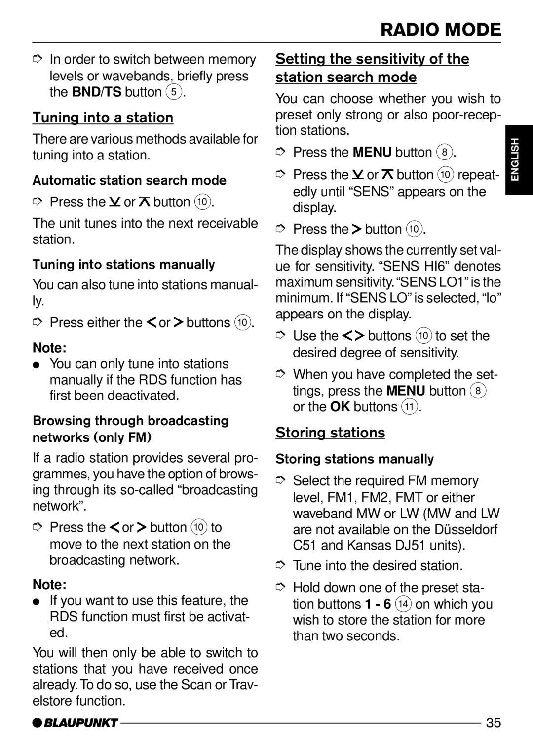 Blaupunkt Hawaii DJ51 Tuning into a station, Setting the sensitivity of the station search mode, Storing stations 