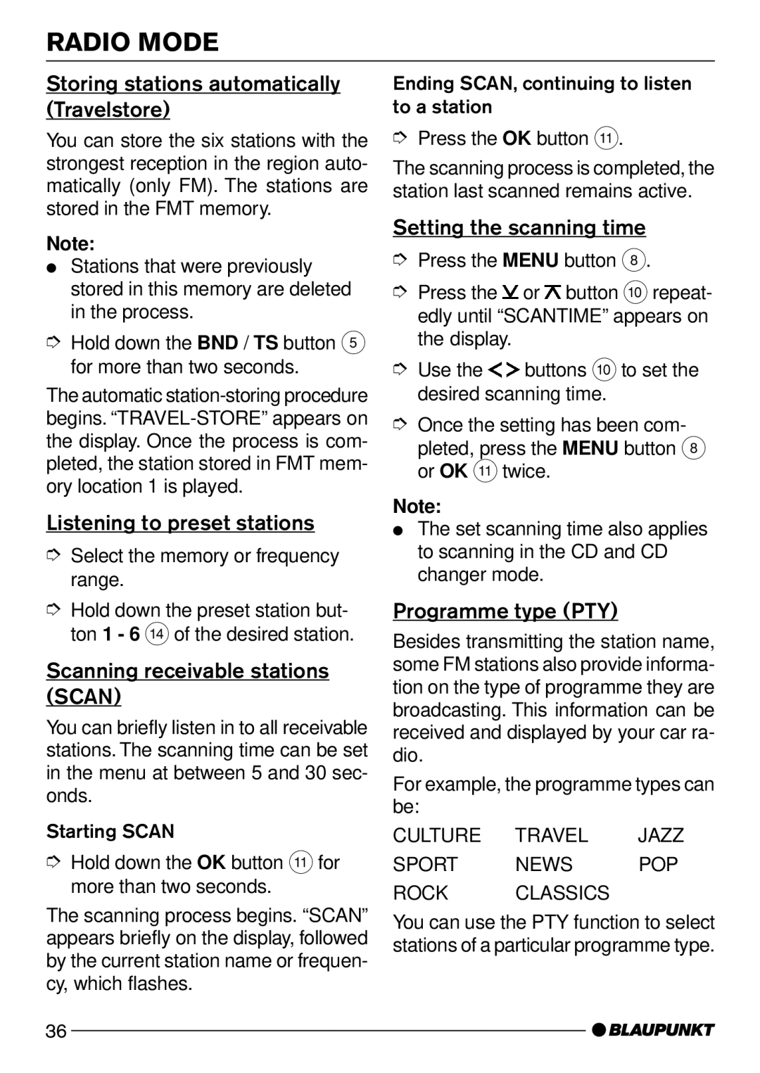 Blaupunkt Maryland DJ51 Storing stations automatically Travelstore, Listening to preset stations, Programme type PTY 