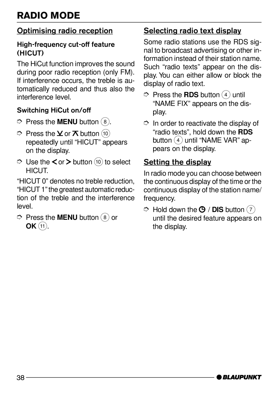 Blaupunkt Bologna C51, Kansas DJ51 Optimising radio reception, Selecting radio text display, Setting the display 