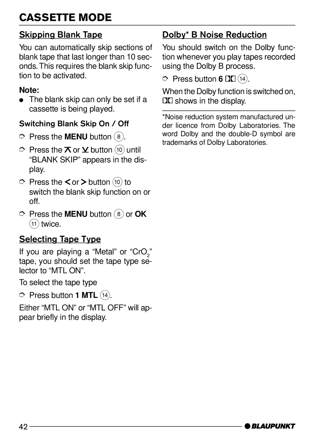 Blaupunkt Dsseldorf C51, Kansas DJ51, Hawaii DJ51 Skipping Blank Tape, Selecting Tape Type, Dolby* B Noise Reduction 