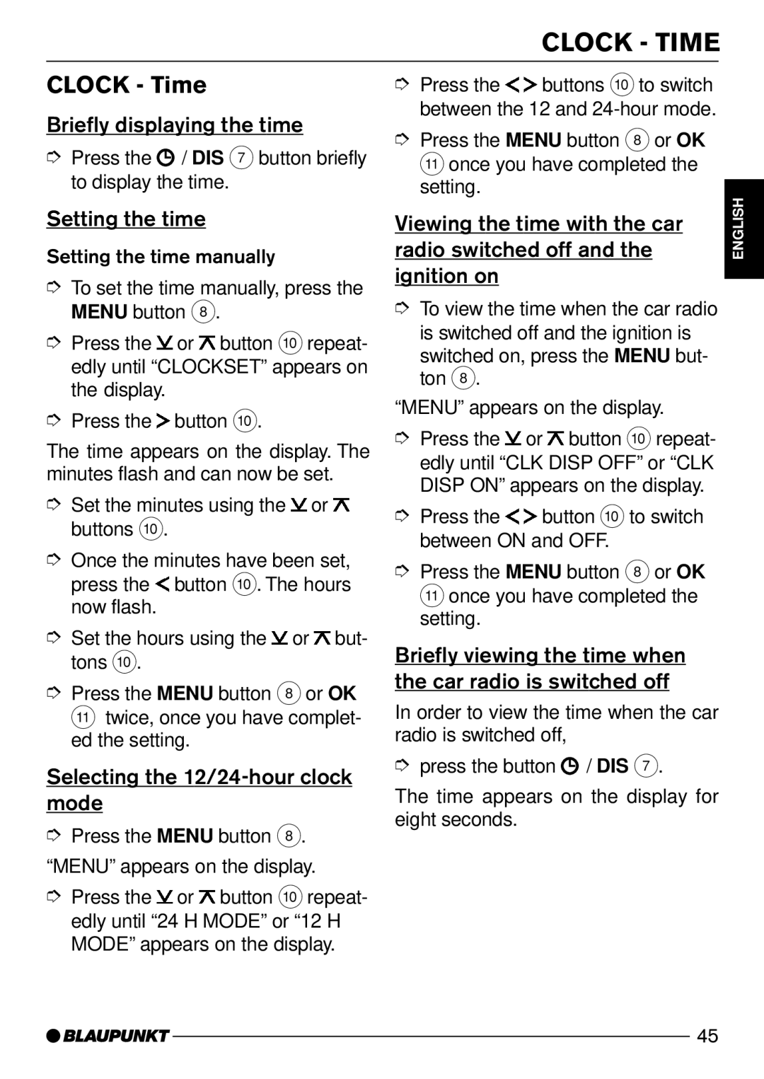 Blaupunkt Hawaii DJ51, Kansas DJ51, Maryland DJ51, Dsseldorf C51, Bologna C51 installation instructions Clock Time 