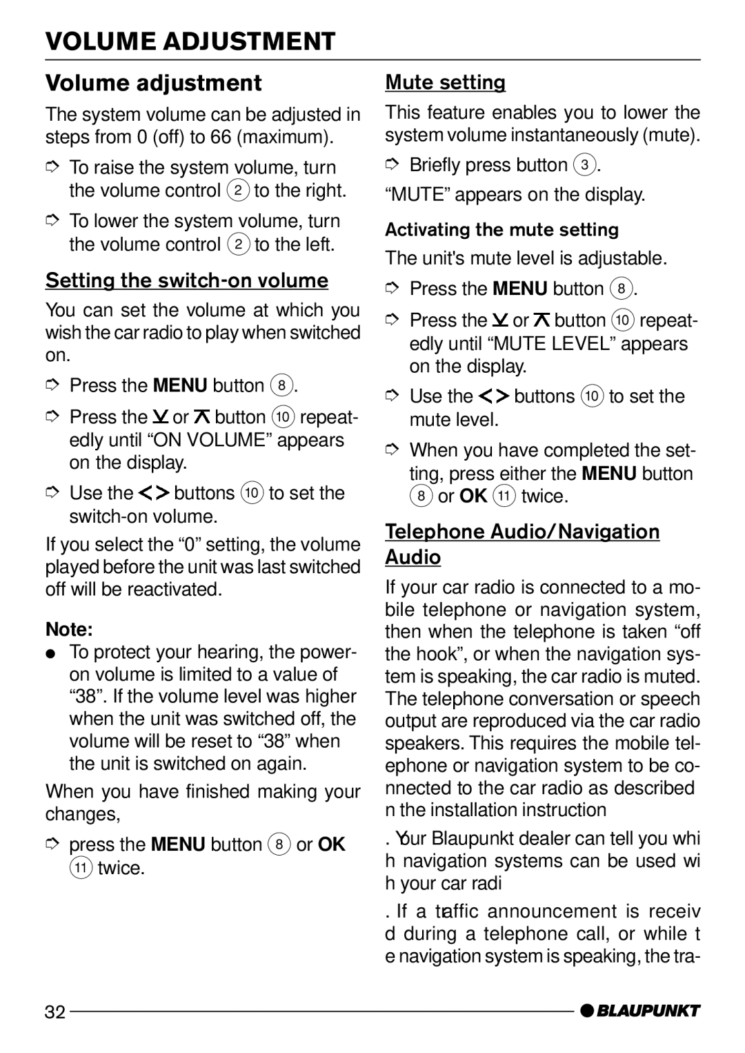 Blaupunkt Dsseldorf C51, Kansas DJ51 Volume Adjustment, Volume adjustment, Setting the switch-on volume, Mute setting 