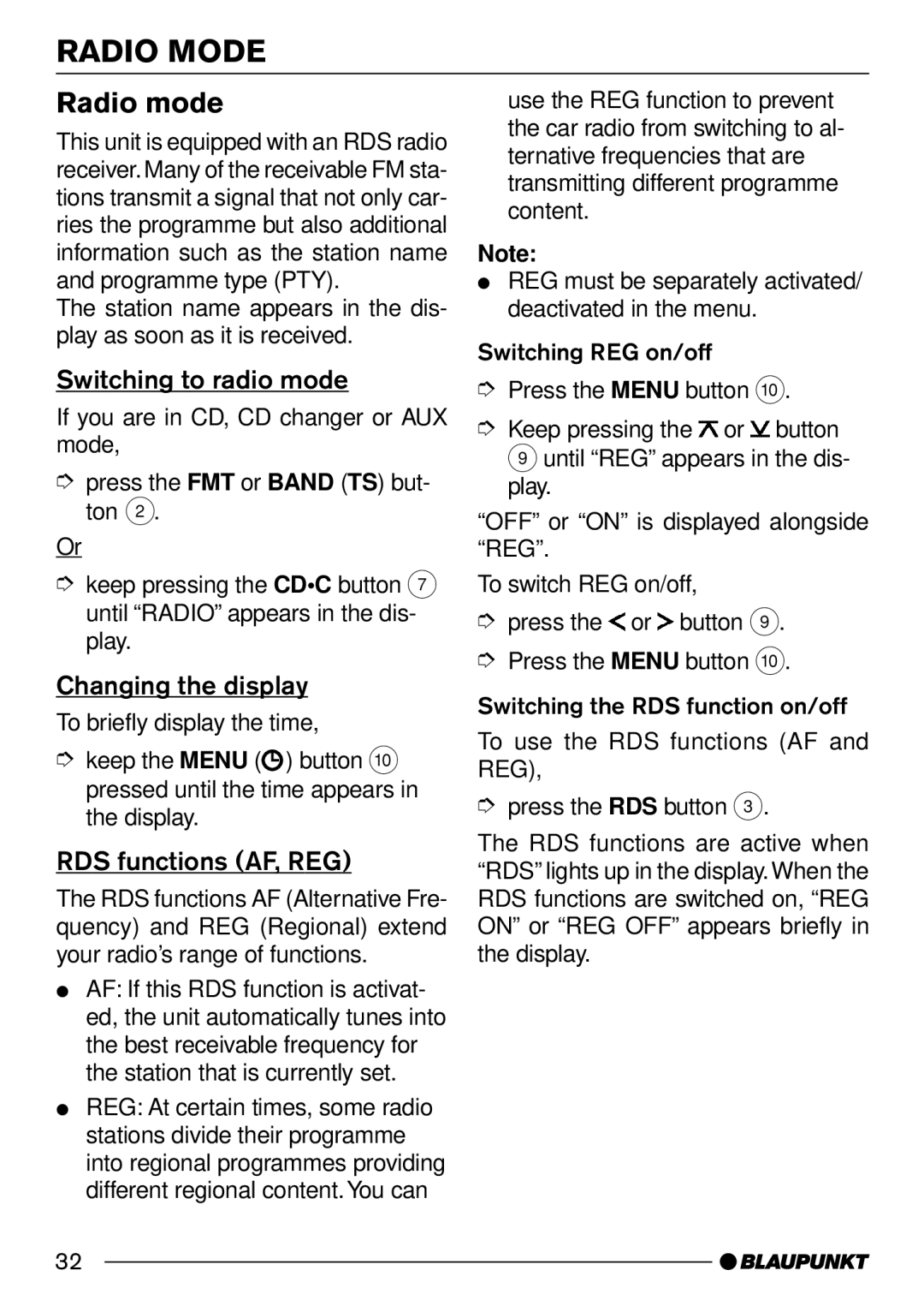 Blaupunkt San Remo CD31 Radio Mode, Radio mode, Switching to radio mode, Changing the display, RDS functions AF, REG 