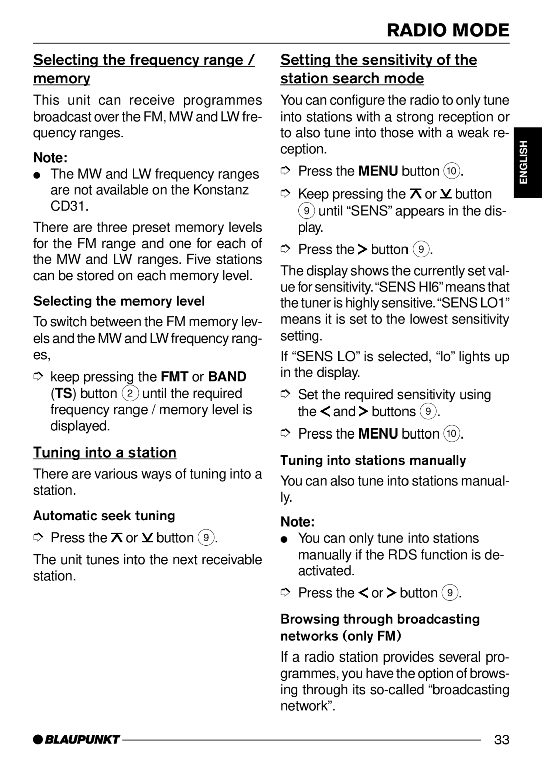 Blaupunkt Santa Cruz CD31 Selecting the frequency range / memory, Setting the sensitivity of the station search mode 