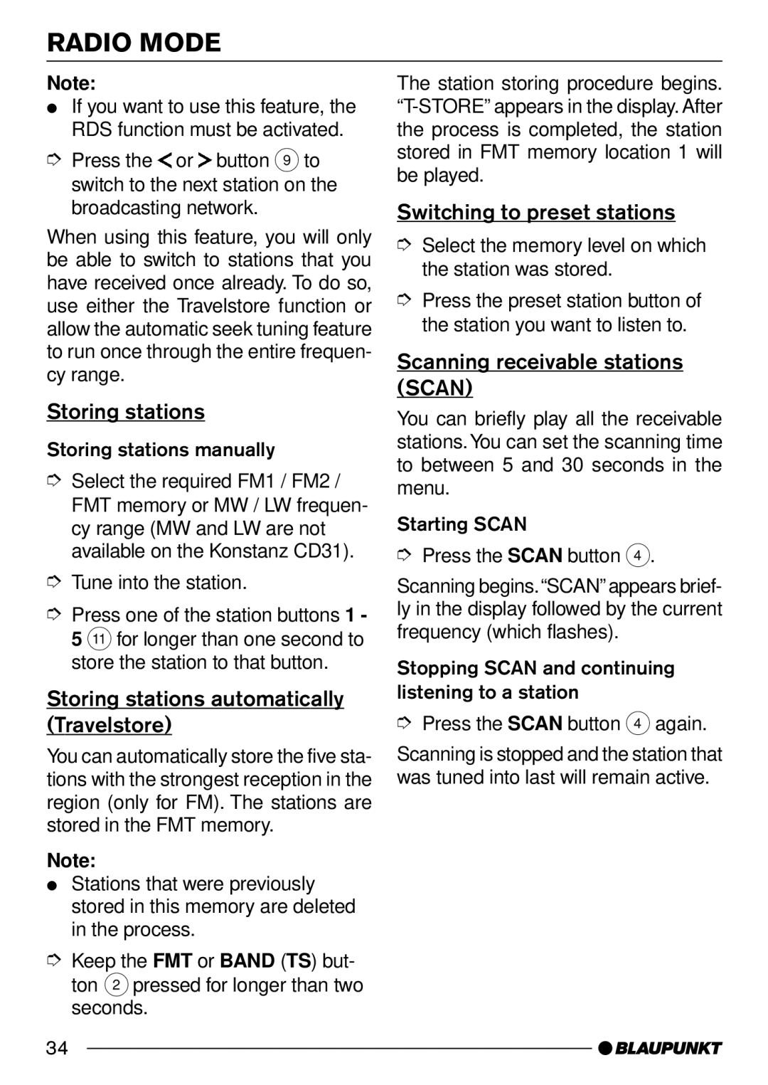 Blaupunkt Konstanz CD31, San Remo CD31 Storing stations automatically Travelstore, Switching to preset stations 