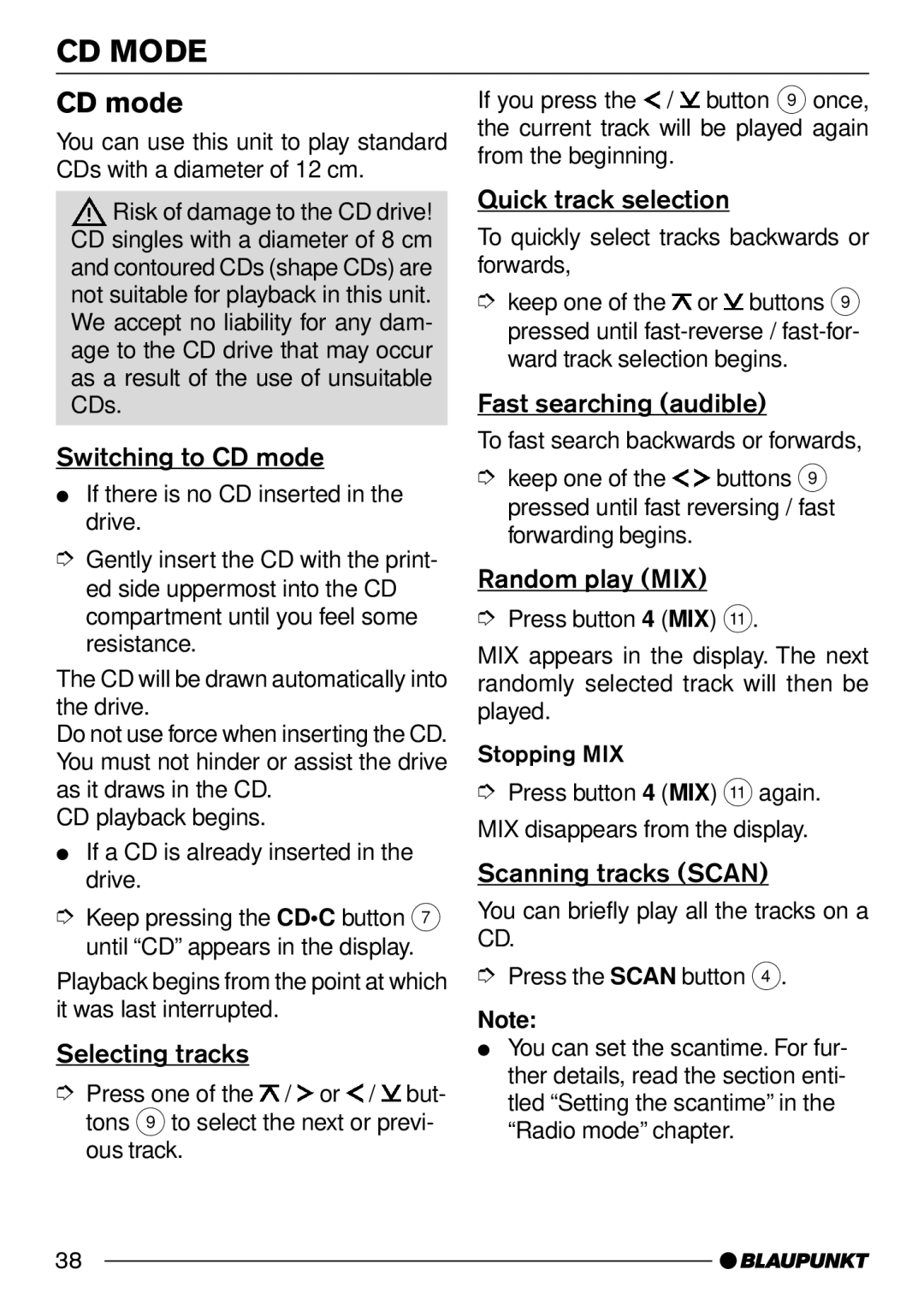 Blaupunkt San Remo CD31, Konstanz CD31, Santa Cruz CD31 operating instructions CD Mode, CD mode 