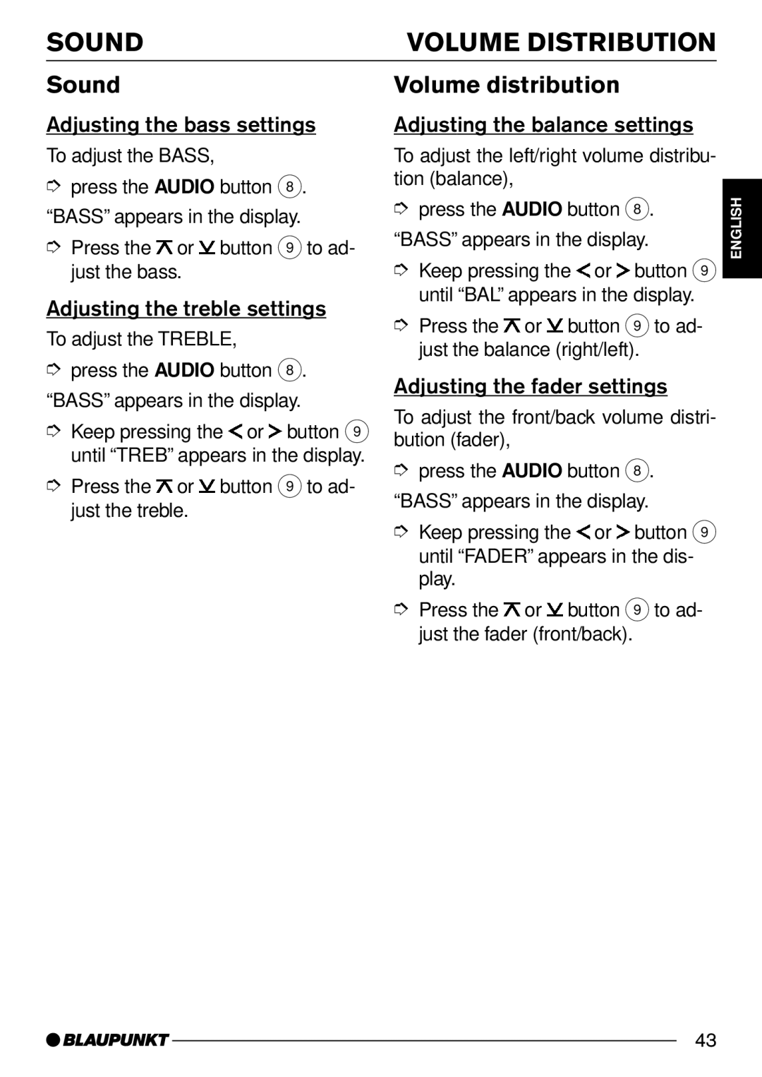 Blaupunkt Konstanz CD31, San Remo CD31, Santa Cruz CD31 operating instructions Sound Volume Distribution, Volume distribution 