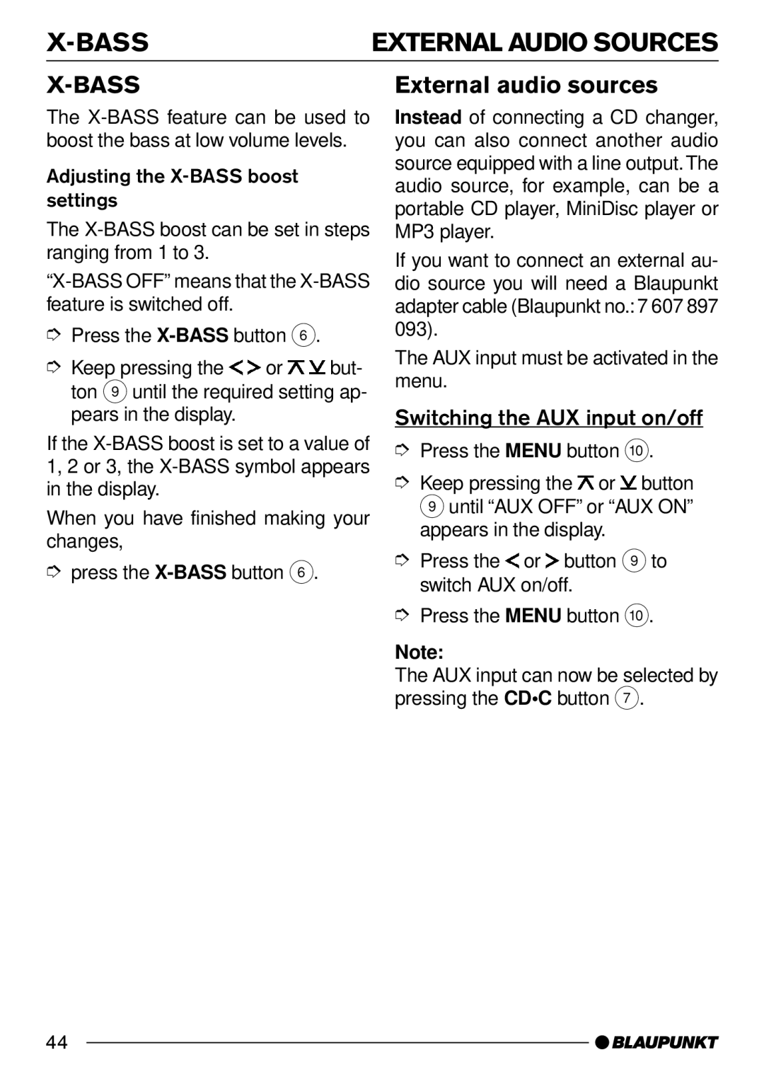 Blaupunkt San Remo CD31, Konstanz CD31, Santa Cruz CD31 Bass, External audio sources, Switching the AUX input on/off 