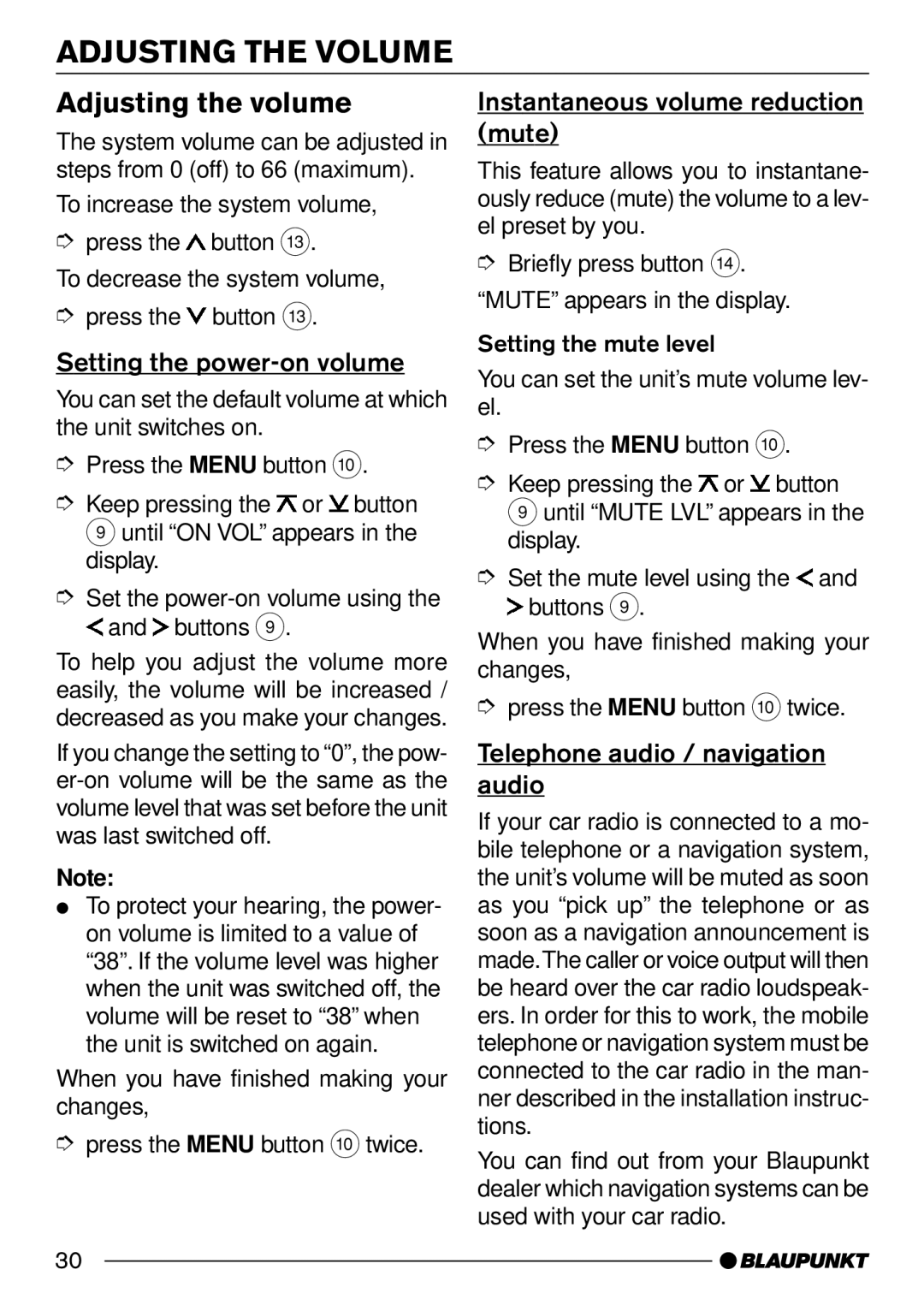 Blaupunkt Santa Cruz CD31, Konstanz CD31 Adjusting the Volume, Adjusting the volume, Setting the power-on volume 