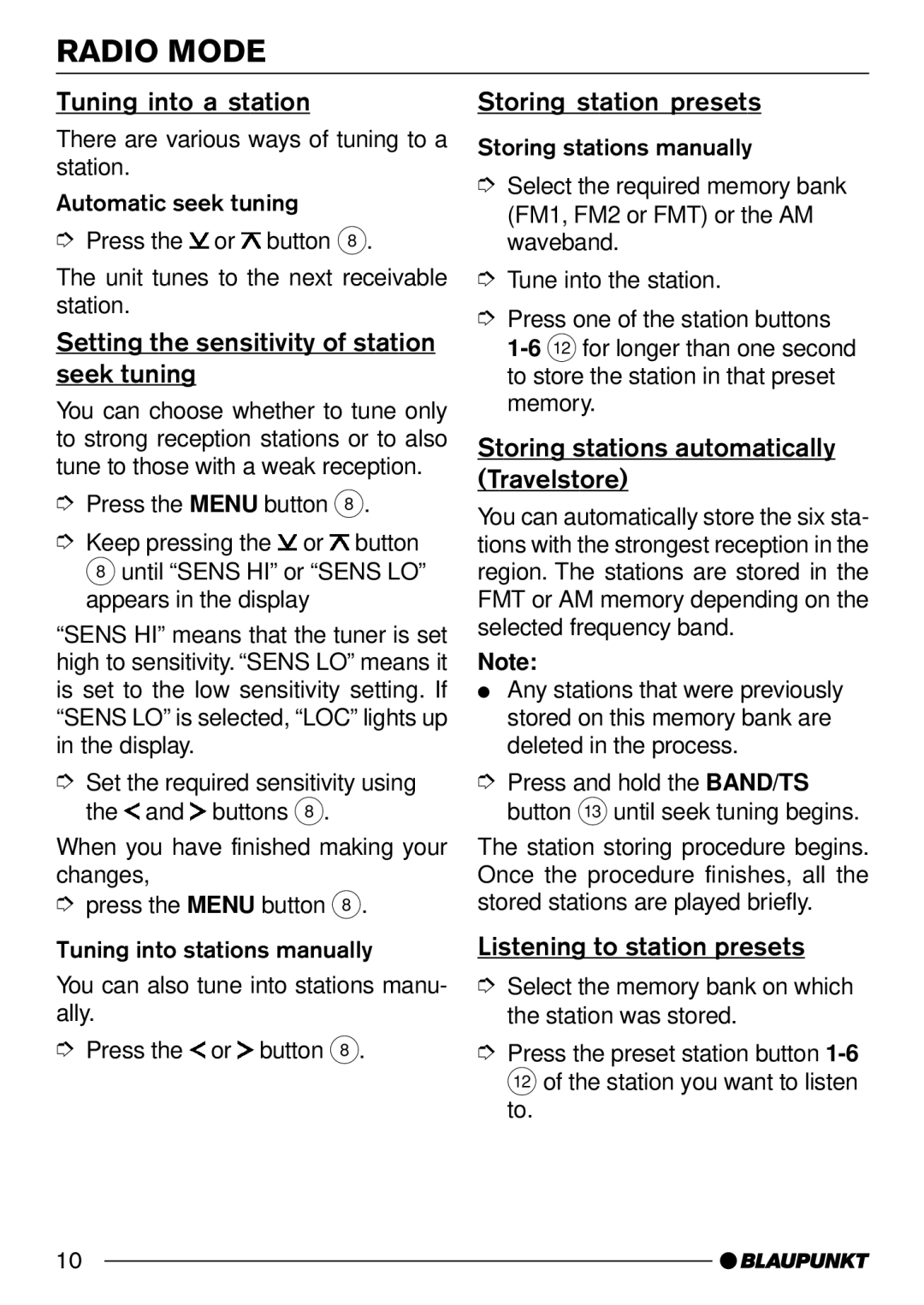 Blaupunkt Lexington C32 Tuning into a station Storing station presets, Setting the sensitivity of station seek tuning 