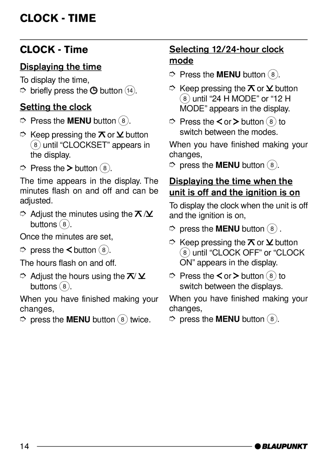 Blaupunkt Lexington C32, St. Louis C32 Clock Time, Displaying the time, Setting the clock, Selecting 12/24-hour clock mode 
