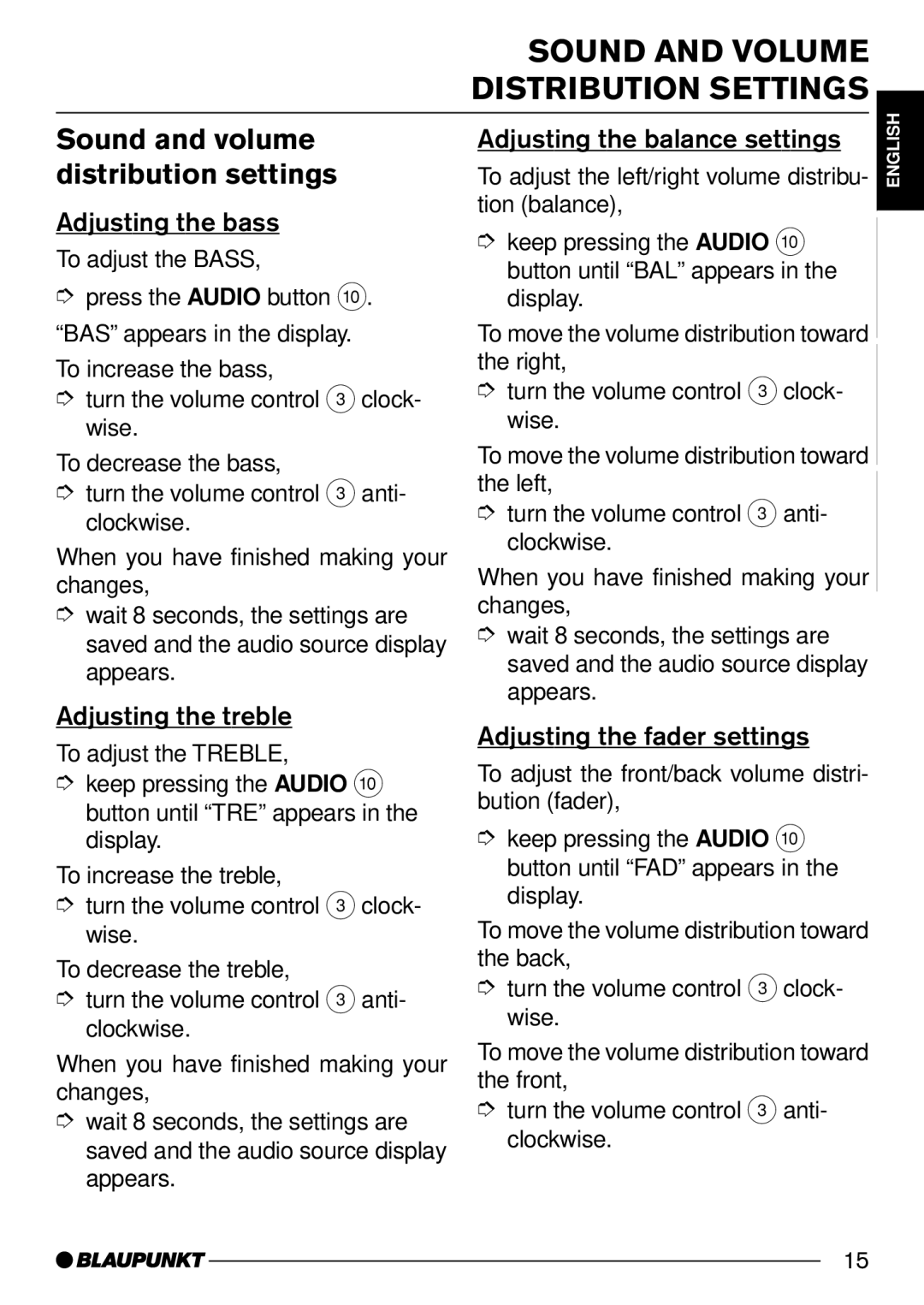 Blaupunkt St. Louis C32, Lexington C32 Sound and Volume Distribution Settings, Sound and volume distribution settings 