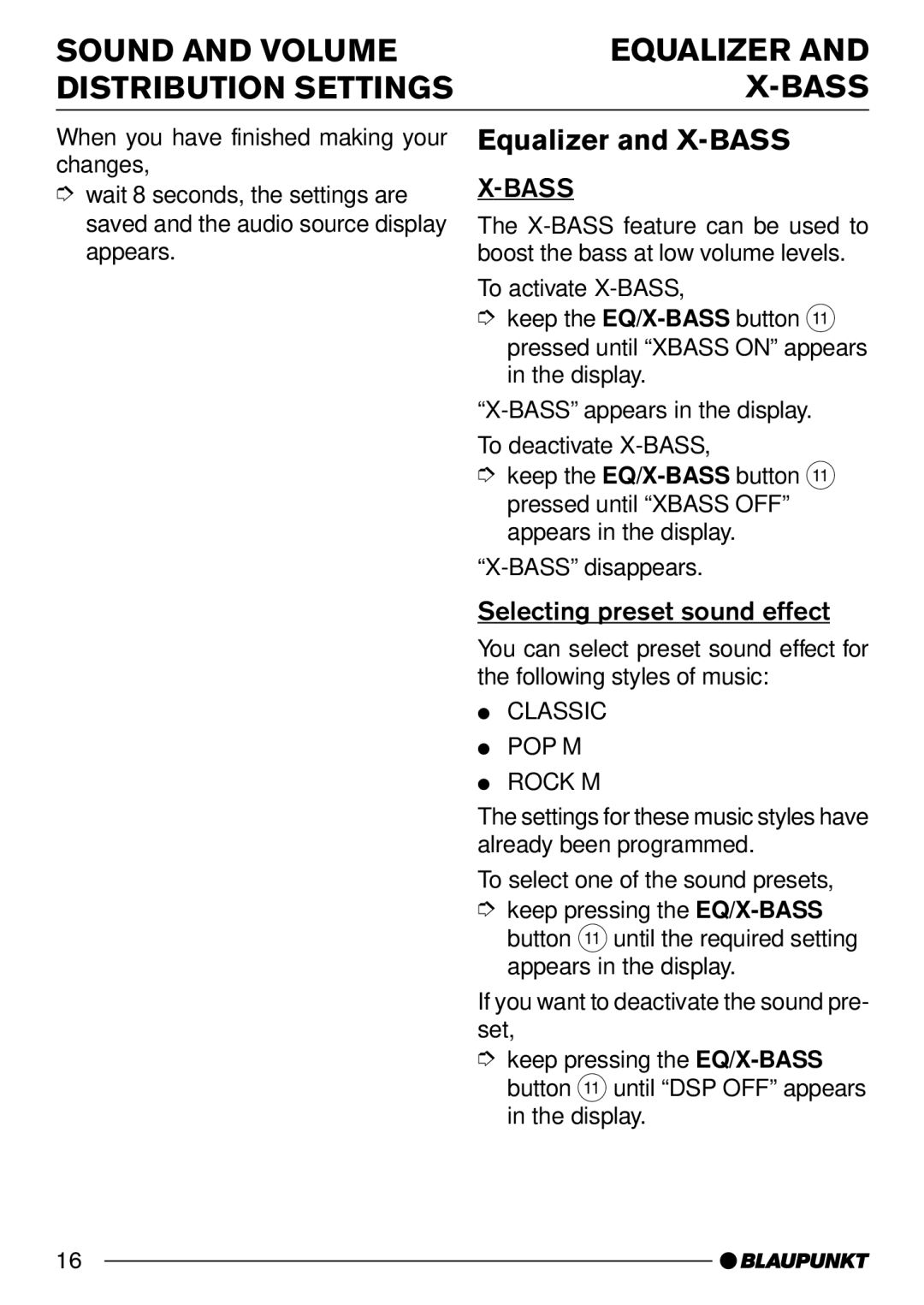 Blaupunkt Lexington C32, St. Louis C32 Sound and Volume Equalizer Distribution Settings Bass, Equalizer and X-BASS 