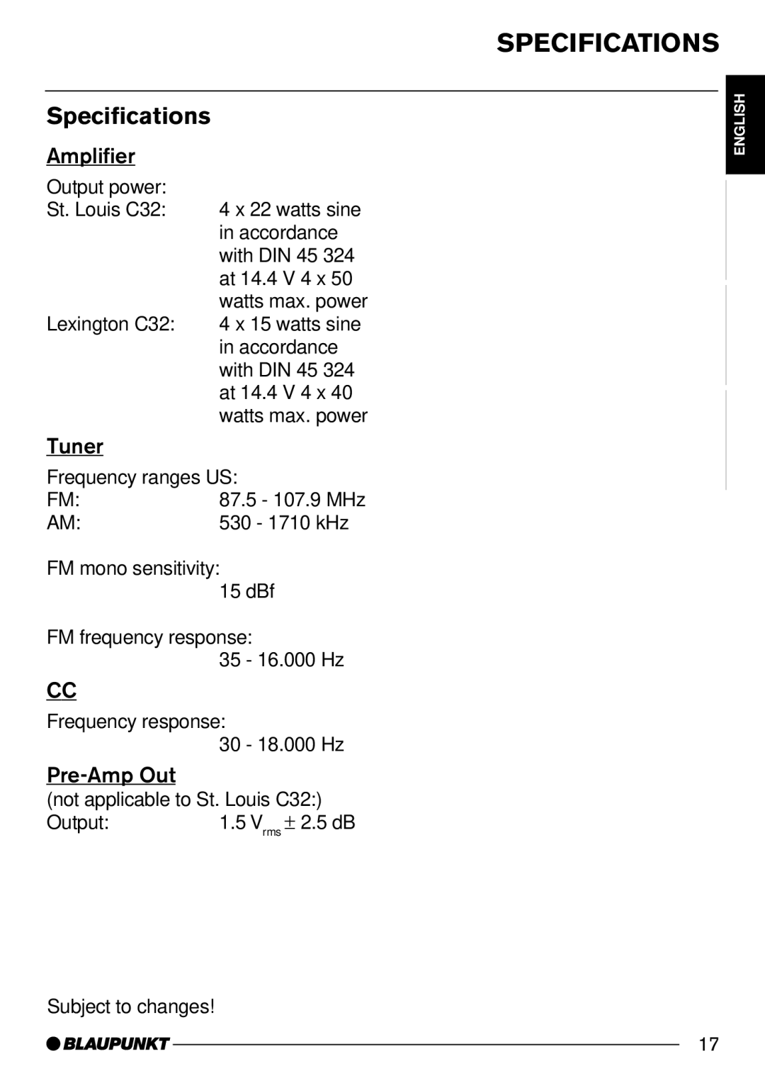 Blaupunkt St. Louis C32, Lexington C32 operating instructions Specifications, Amplifier, Tuner, Pre-Amp Out 