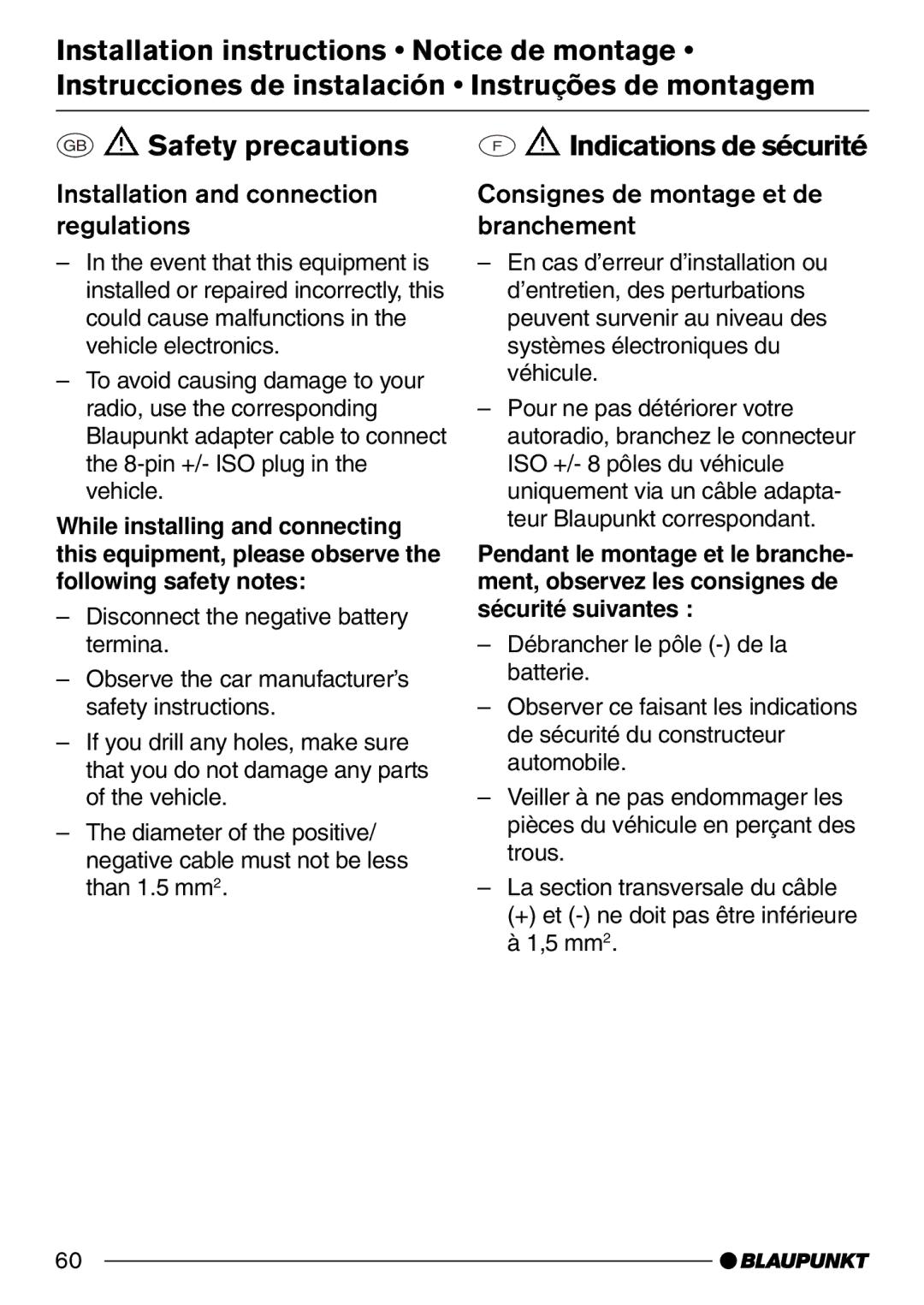 Blaupunkt Lexington C32, St. Louis C32 Indications de sécurité, Installation and connection regulations 