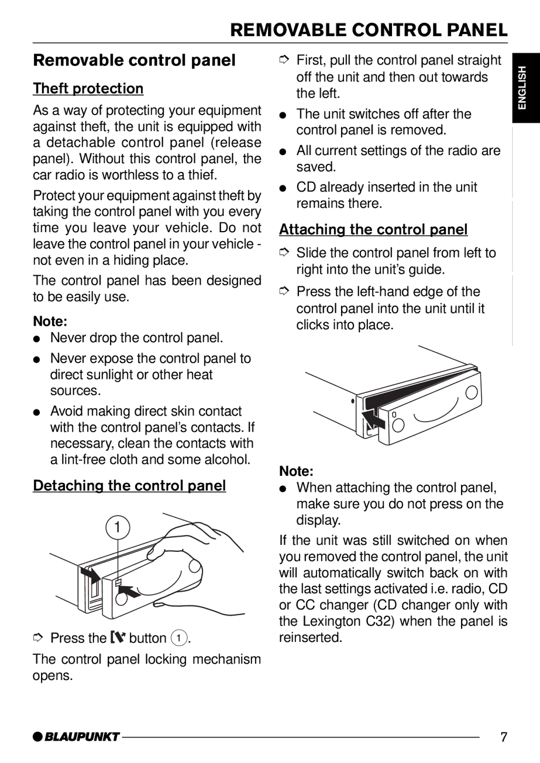 Blaupunkt St. Louis C32 Removable Control Panel, Removable control panel, Theft protection, Attaching the control panel 