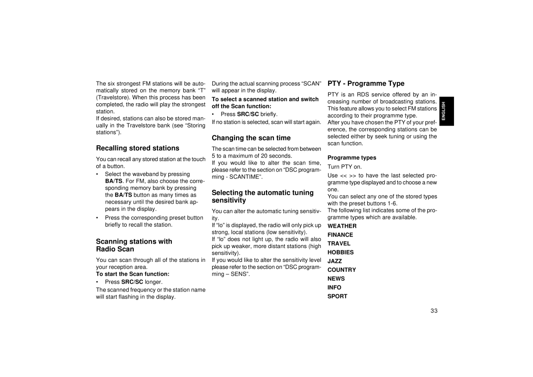 Blaupunkt RCM 148 Recalling stored stations, Scanning stations with Radio Scan, Changing the scan time, PTY Programme Type 