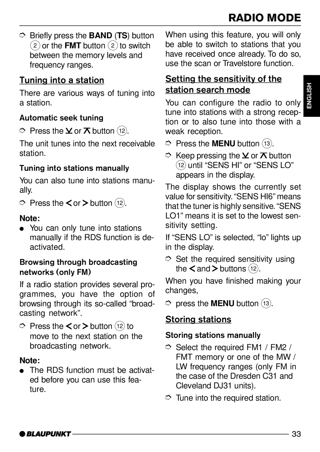 Blaupunkt Dresden C31 Tuning into a station, Setting the sensitivity of the station search mode, Storing stations 