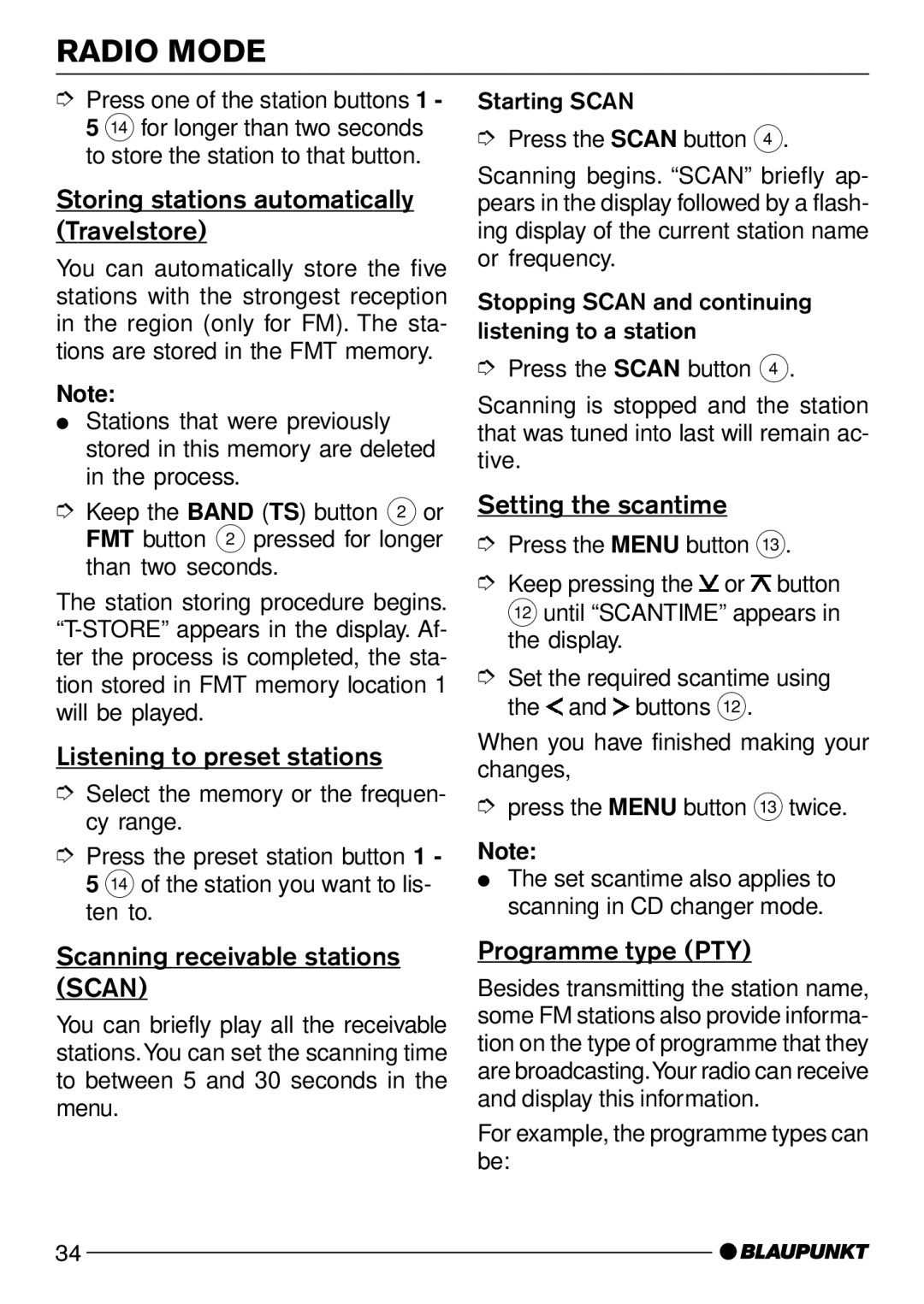 Blaupunkt Dublin C31 Storing stations automatically Travelstore, Listening to preset stations, Setting the scantime 