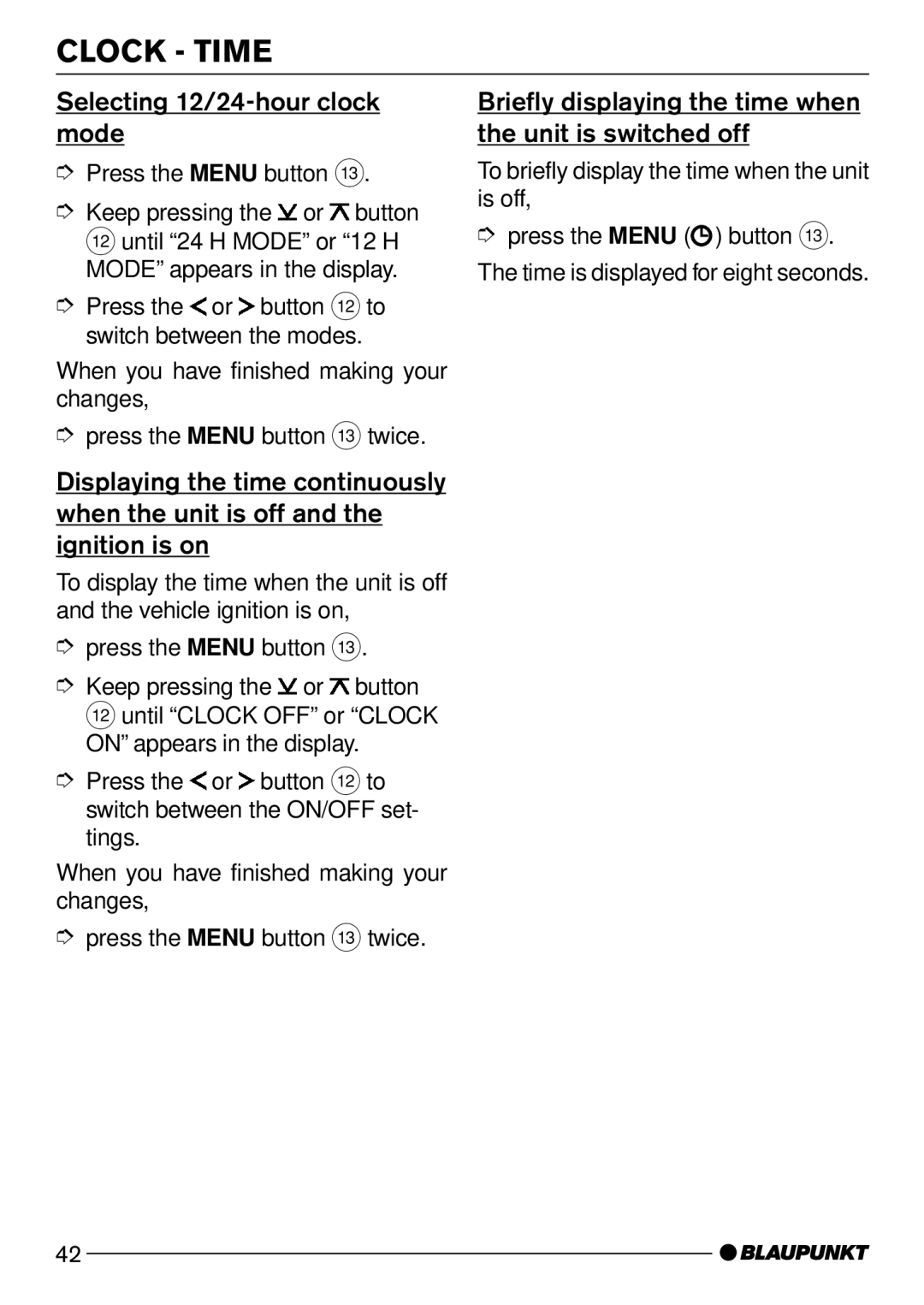 Blaupunkt Madison DJ31 Selecting 12/24-hour clock mode, Briefly displaying the time when the unit is switched off 