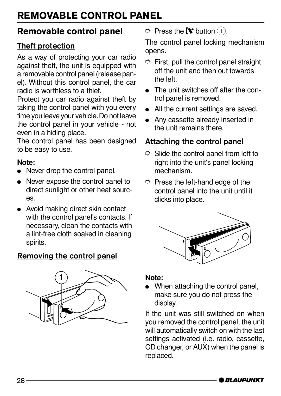 Blaupunkt Dresden C31 Removable Control Panel, Removable control panel, Theft protection, Removing the control panel 