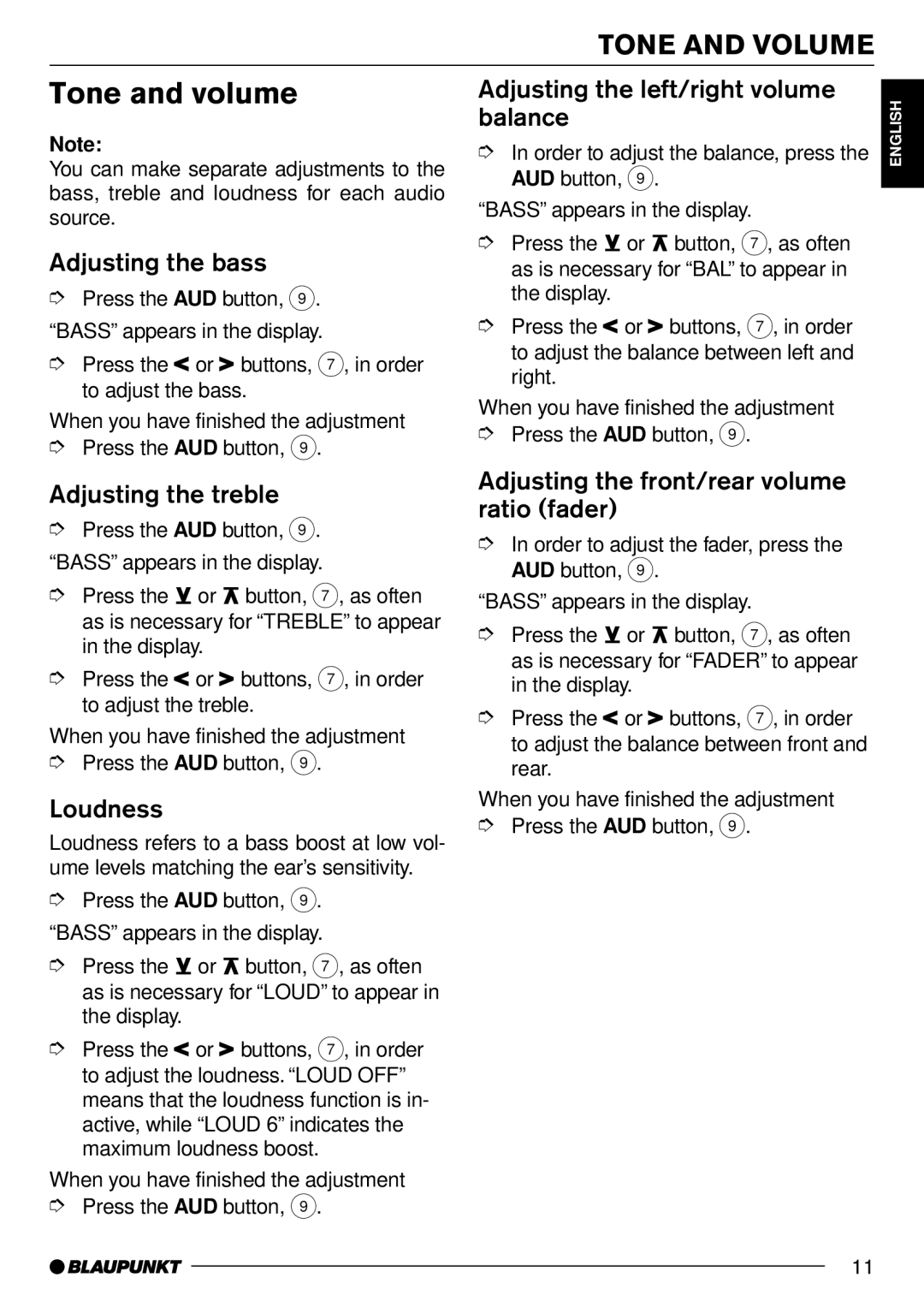 Blaupunkt MD70 installation instructions Tone and volume 