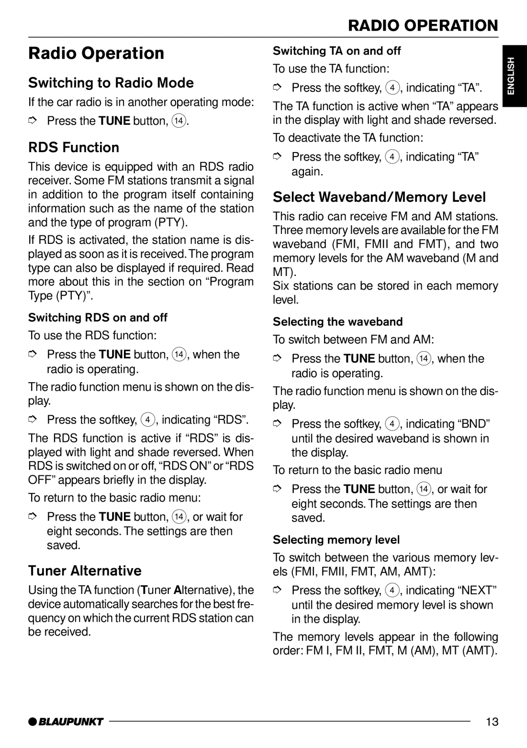 Blaupunkt MD70 Radio Operation, Switching to Radio Mode, RDS Function, Tuner Alternative, Select Waveband/Memory Level 