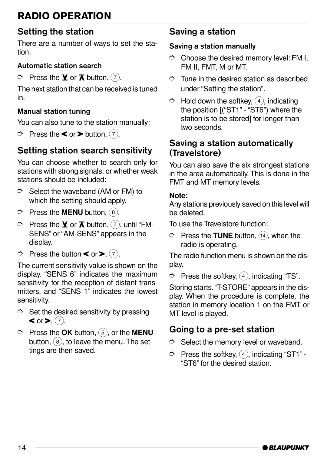 Blaupunkt MD70 Setting the station, Setting station search sensitivity, Saving a station, Going to a pre-set station 