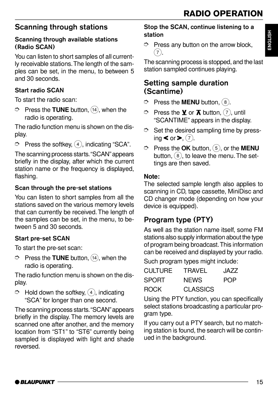 Blaupunkt MD70 installation instructions Scanning through stations, Setting sample duration Scantime, Program type PTY 