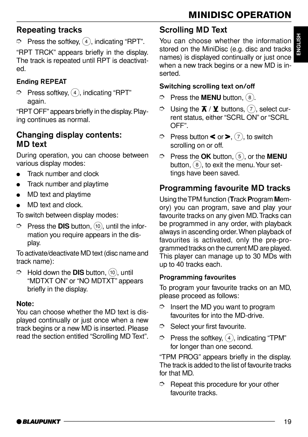 Blaupunkt MD70 Repeating tracks, Changing display contents MD text, Scrolling MD Text, Programming favourite MD tracks 