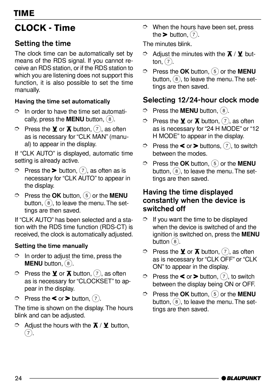 Blaupunkt MD70 installation instructions Clock Time, Setting the time, Selecting 12/24-hour clock mode 