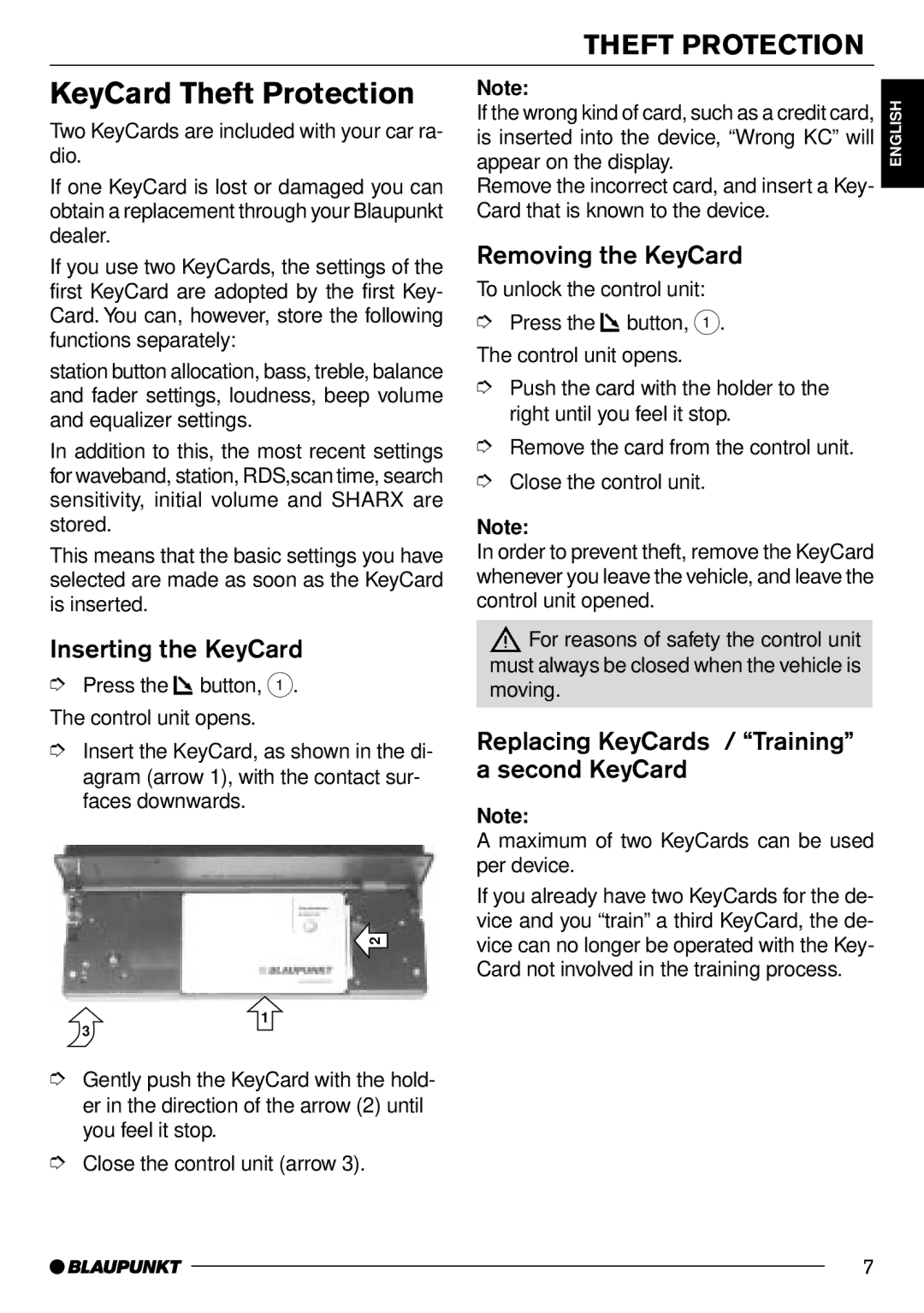 Blaupunkt MD70 installation instructions KeyCard Theft Protection, Inserting the KeyCard, Removing the KeyCard 