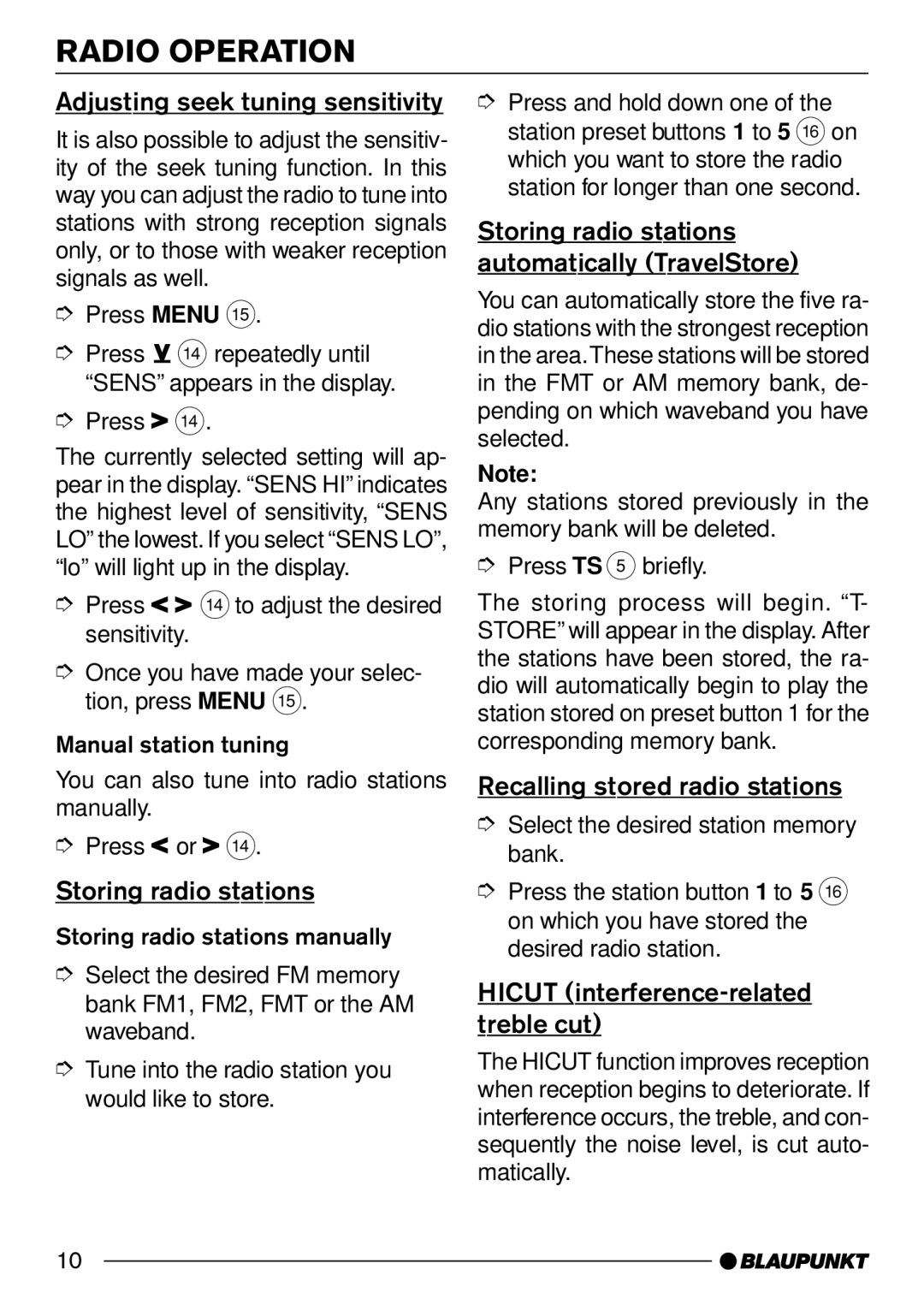 Blaupunkt Melbourne C30 Adjusting seek tuning sensitivity, Storing radio stations, Recalling stored radio stations 