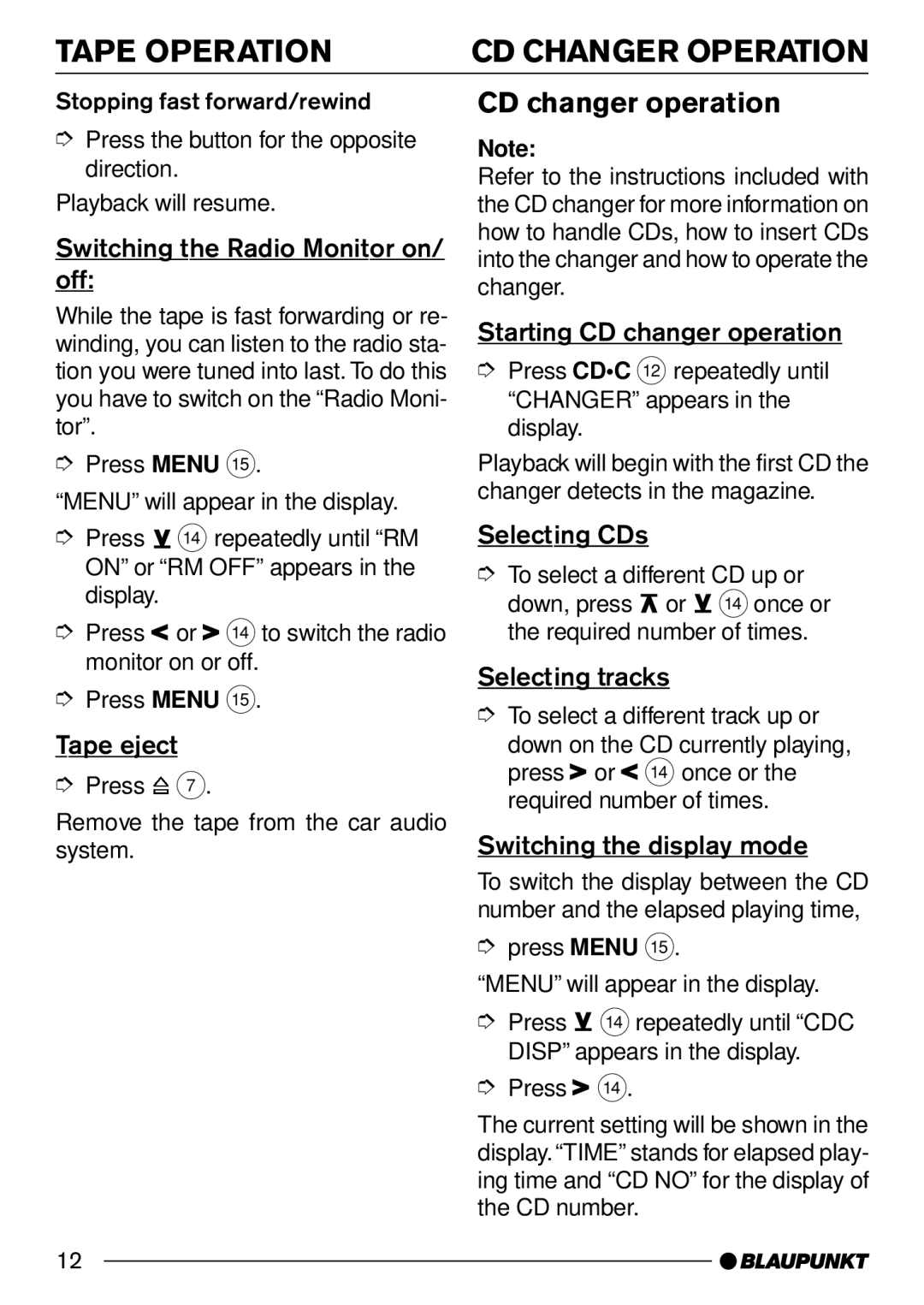 Blaupunkt Melbourne C30, Hollywood C30 operating instructions Tape Operation, CD Changer Operation, CD changer operation 