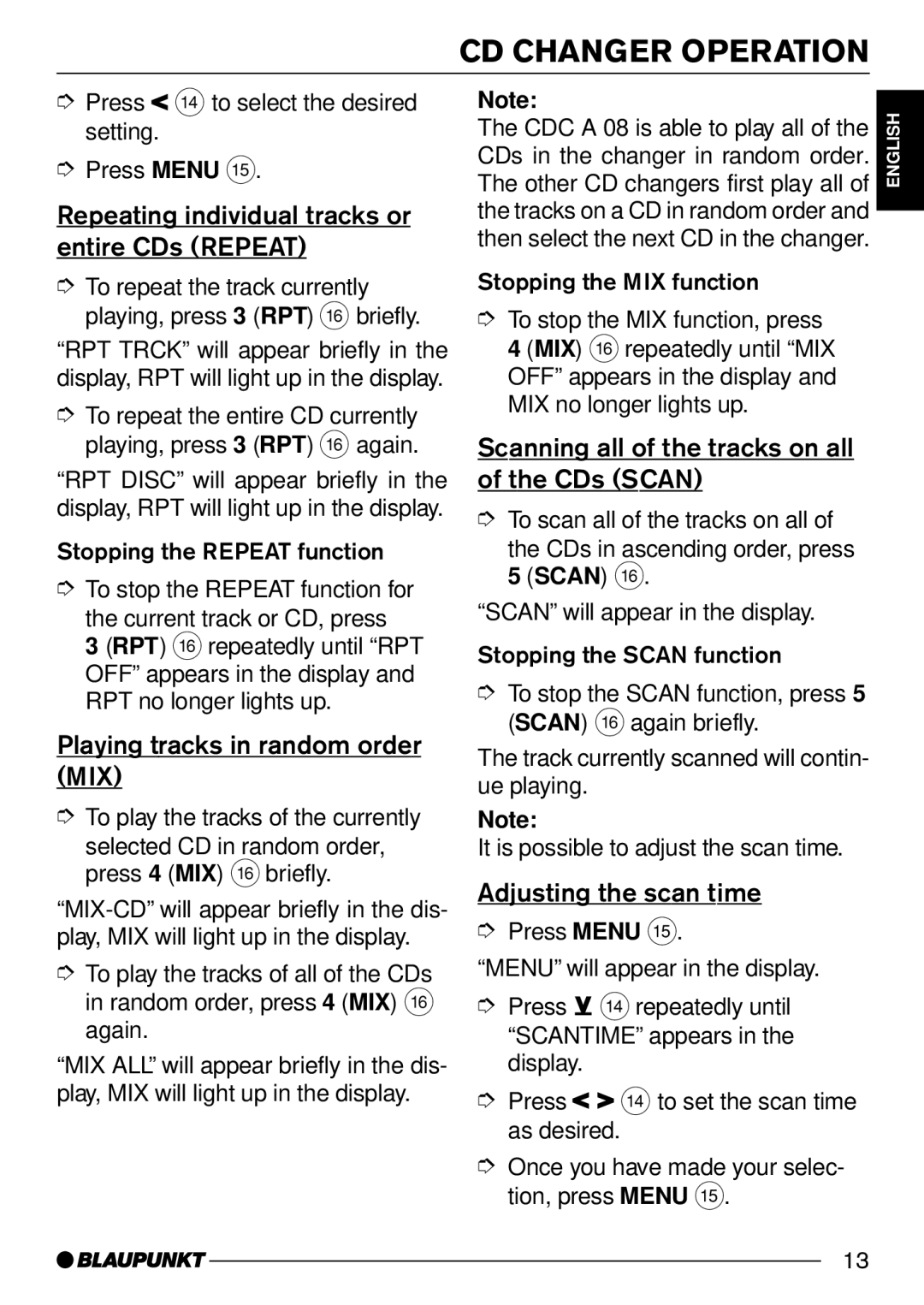 Blaupunkt Hollywood C30 CD Changer Operation, Repeating individual tracks or entire CDs Repeat, Adjusting the scan time 