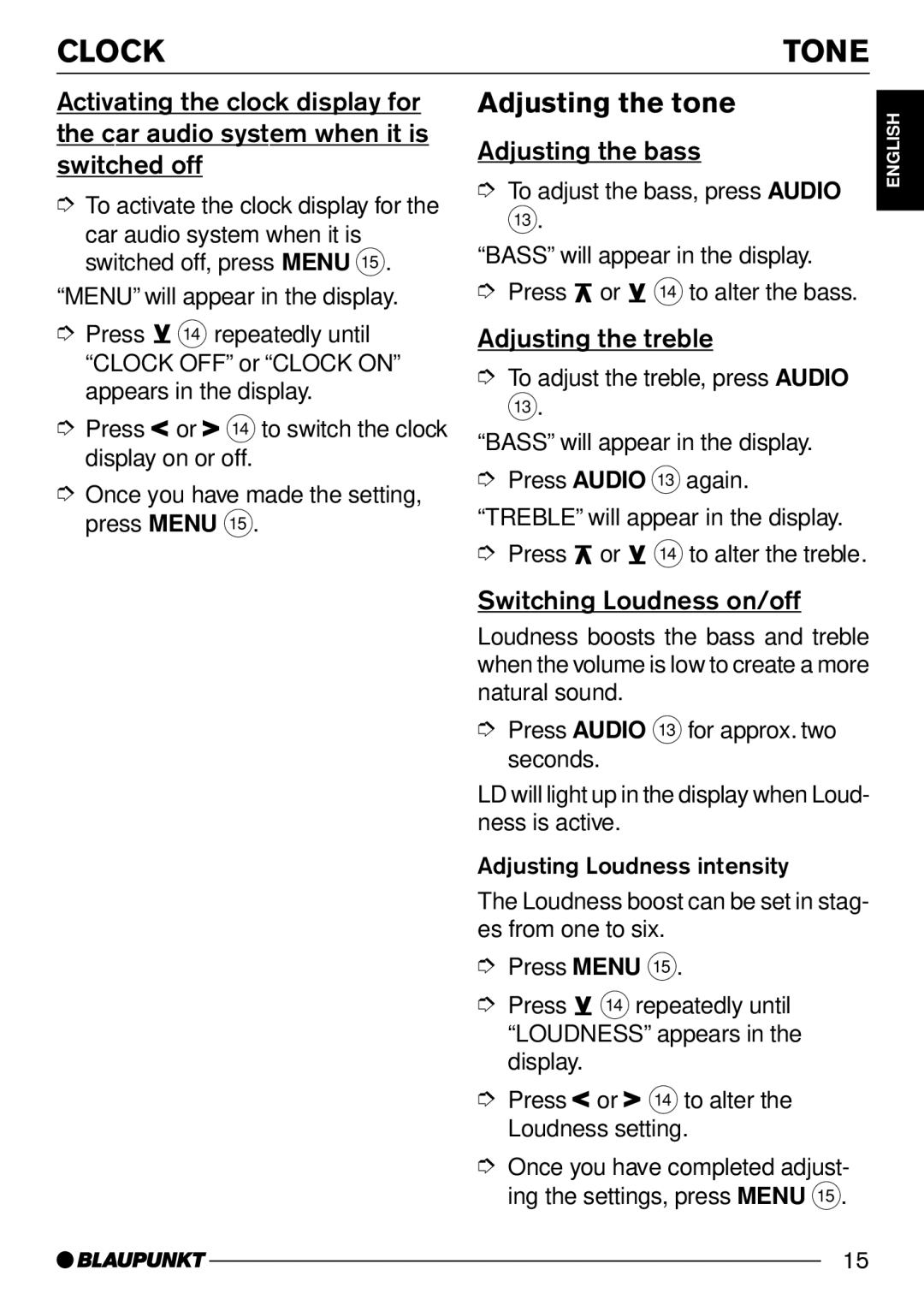 Blaupunkt Hollywood C30, Melbourne C30 operating instructions Clock, Tone, Adjusting the tone 