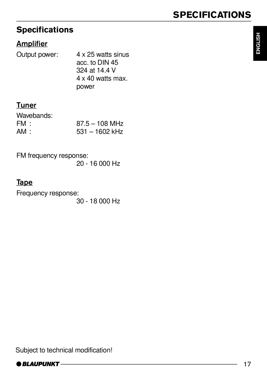 Blaupunkt Hollywood C30, Melbourne C30 operating instructions Specifications, Amplifier, Tuner, Tape 