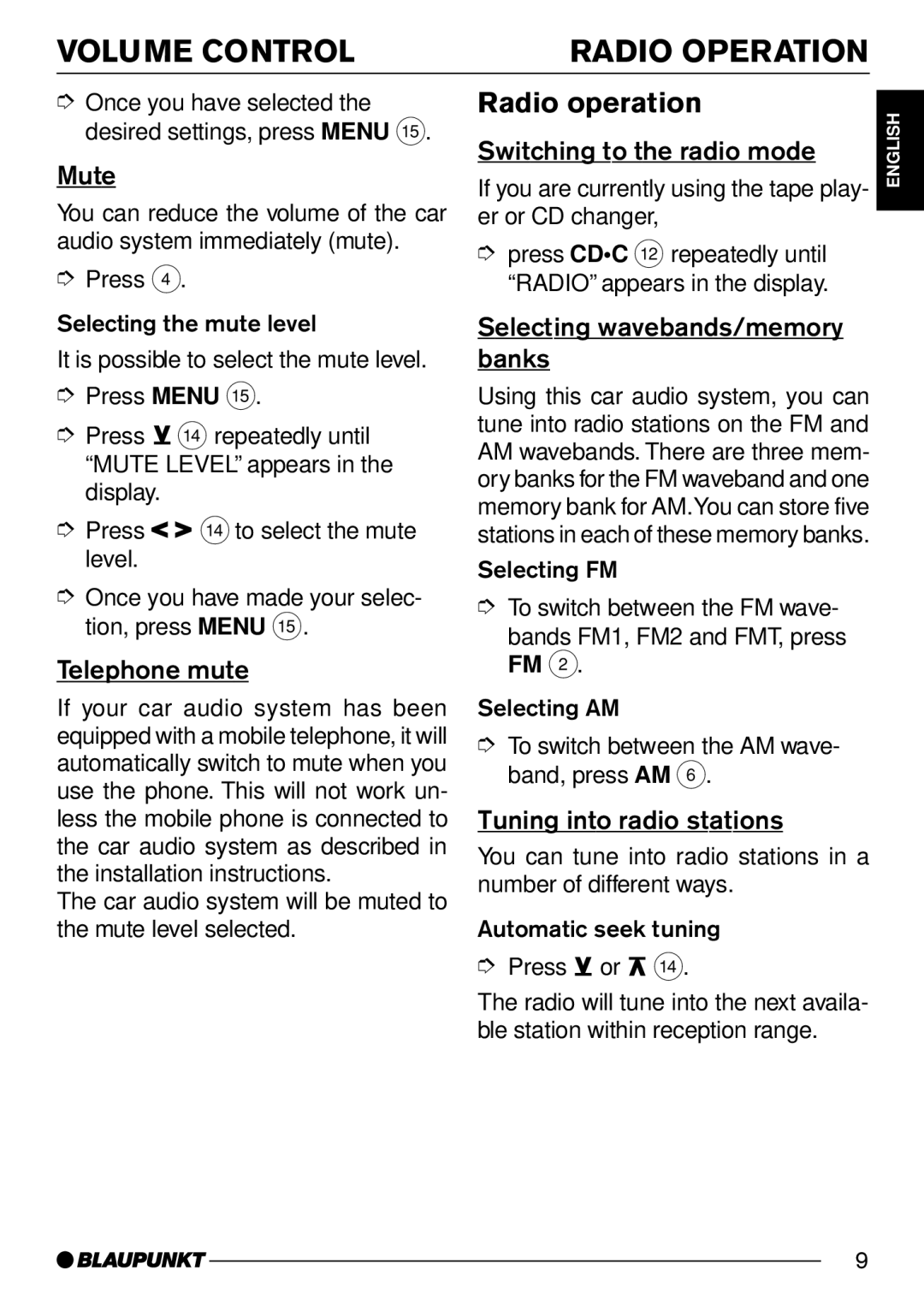 Blaupunkt Hollywood C30, Melbourne C30 operating instructions Volume Control Radio Operation, Radio operation 