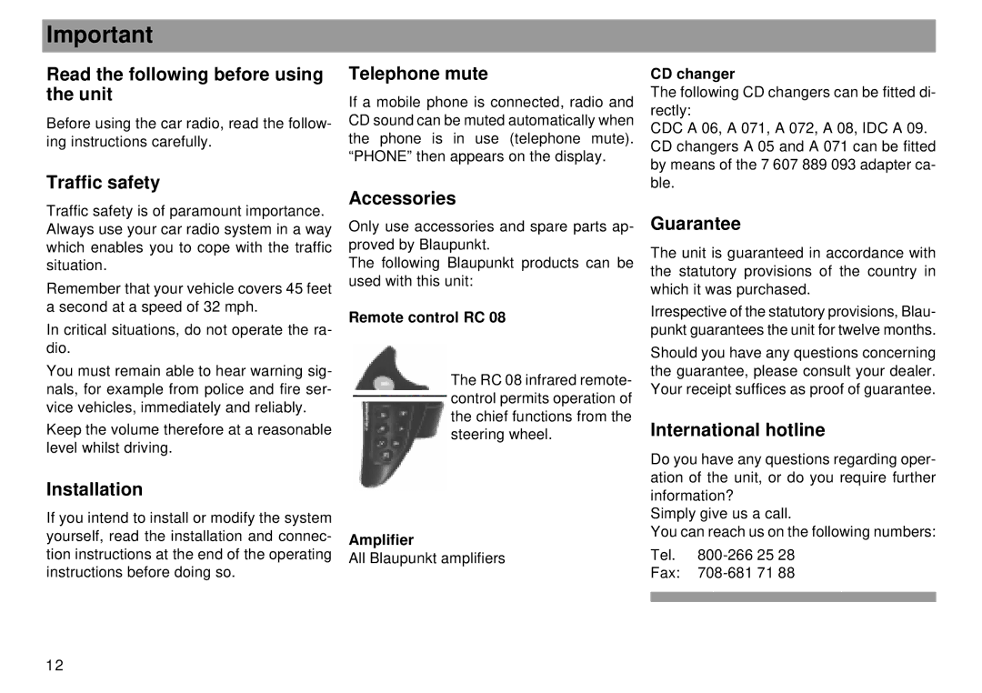 Blaupunkt Mnchen RDM 169 Read the following before using the unit, Telephone mute, Traffic safety, Accessories, Guarantee 