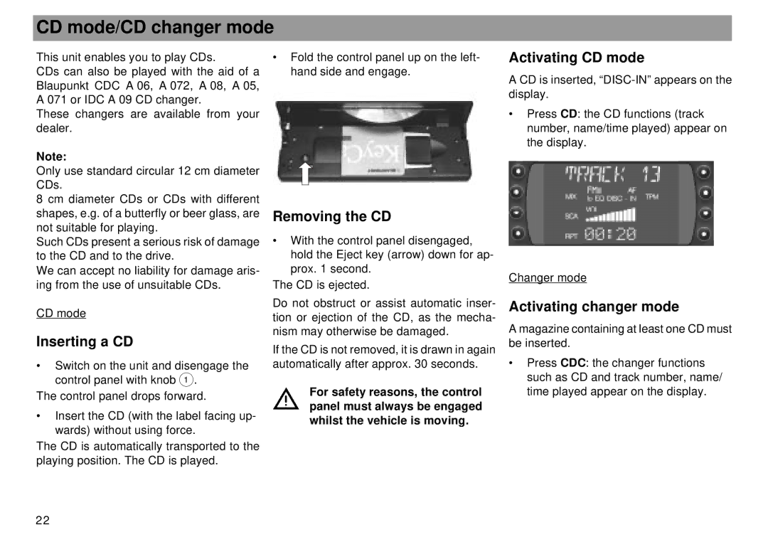 Blaupunkt Mnchen RDM 169 CD mode/CD changer mode, Inserting a CD, Removing the CD, Activating CD mode 