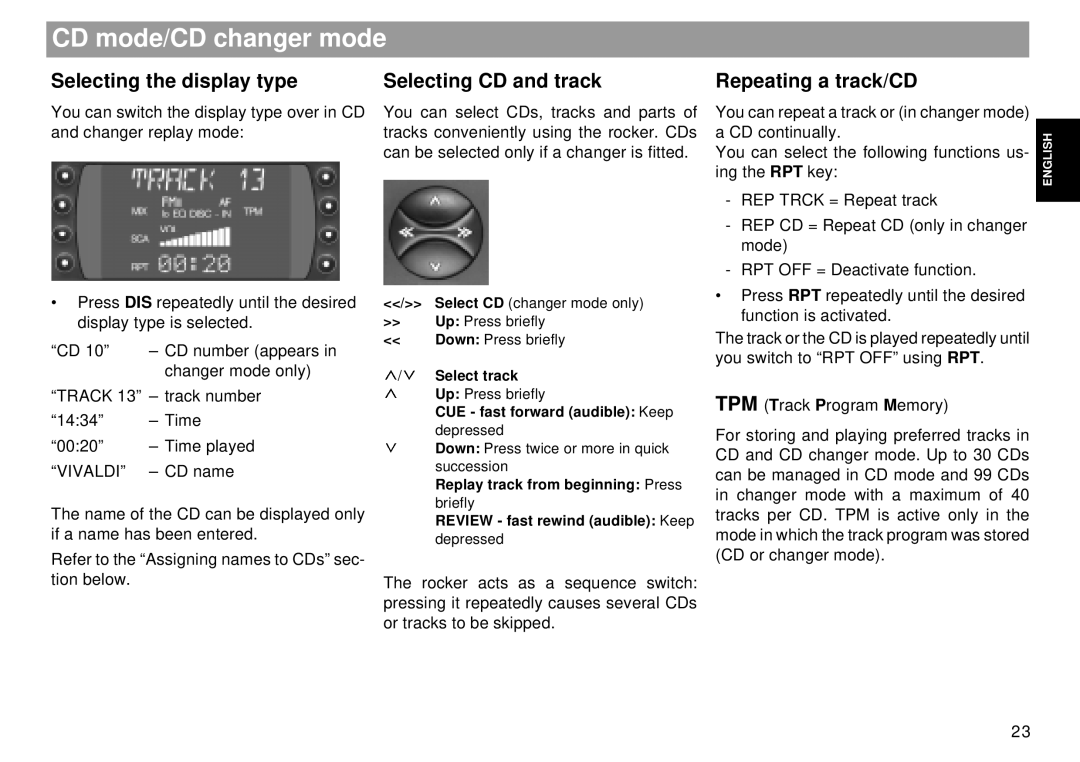 Blaupunkt Mnchen RDM 169 CD mode/CD changer mode, Selecting the display type Selecting CD and track, Repeating a track/CD 