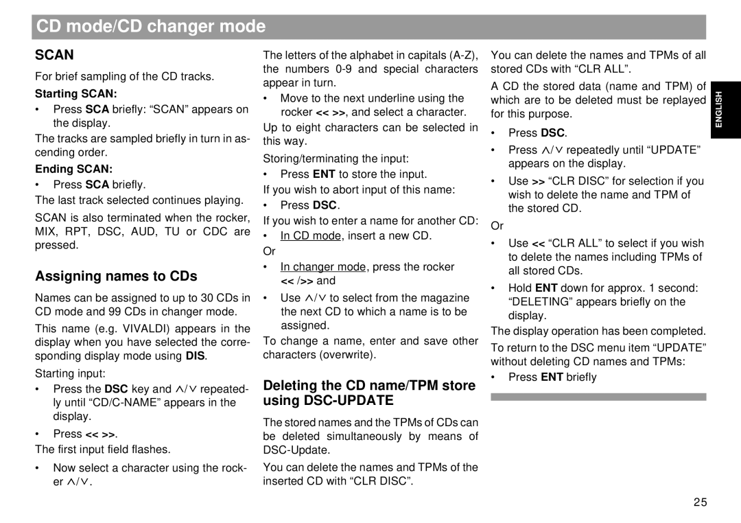 Blaupunkt Mnchen RDM 169 Assigning names to CDs, Deleting the CD name/TPM store using DSC-UPDATE, Starting Scan 